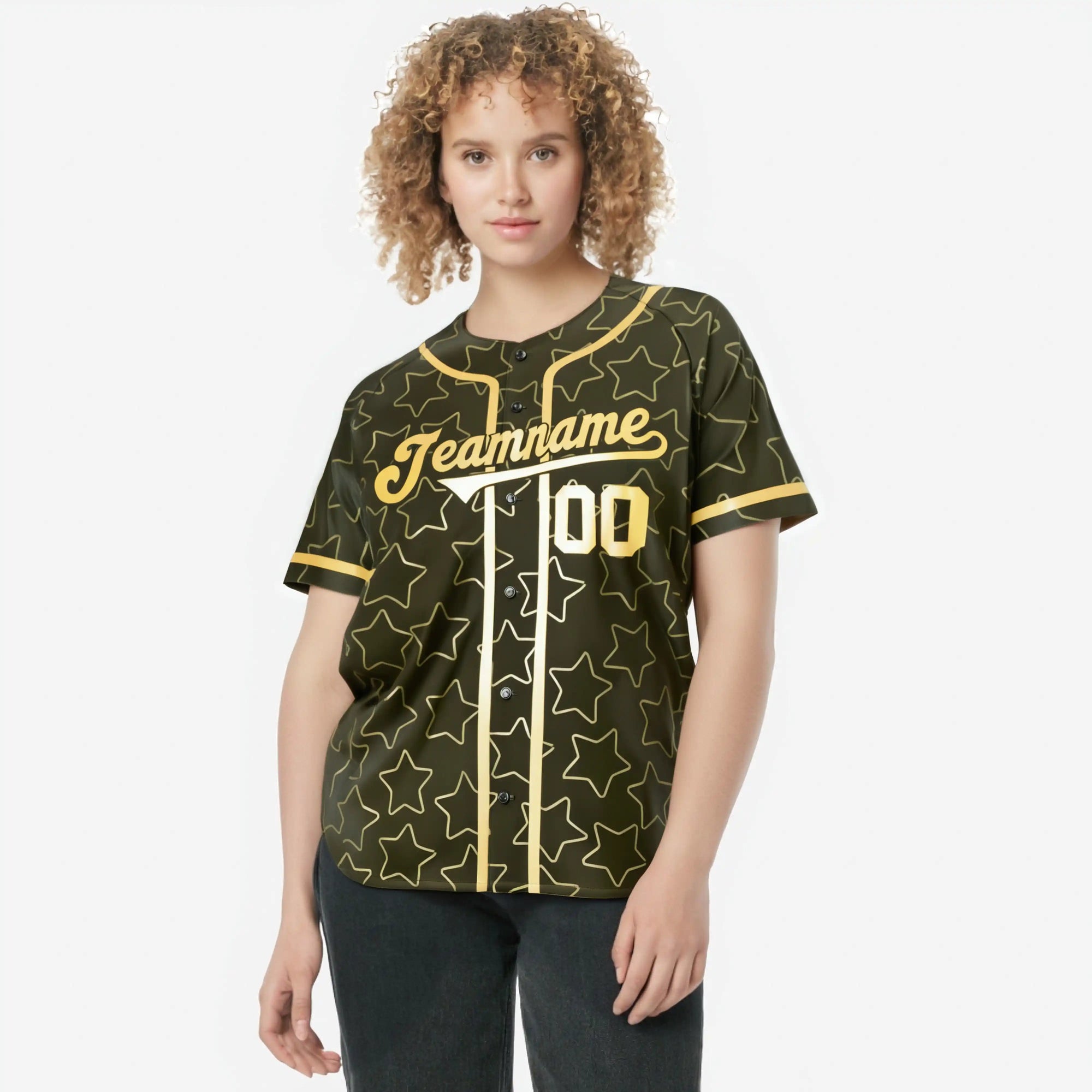 Custom Star Olive Green Gold Baseball Jersey Button Down Shirt Personalized for Adults/Youth