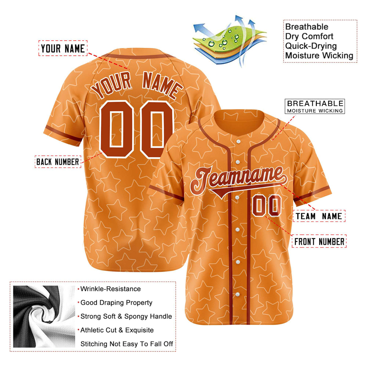 Custom Star Orange Red Baseball Jersey Button Down Shirt Personalized for Adults/Youth