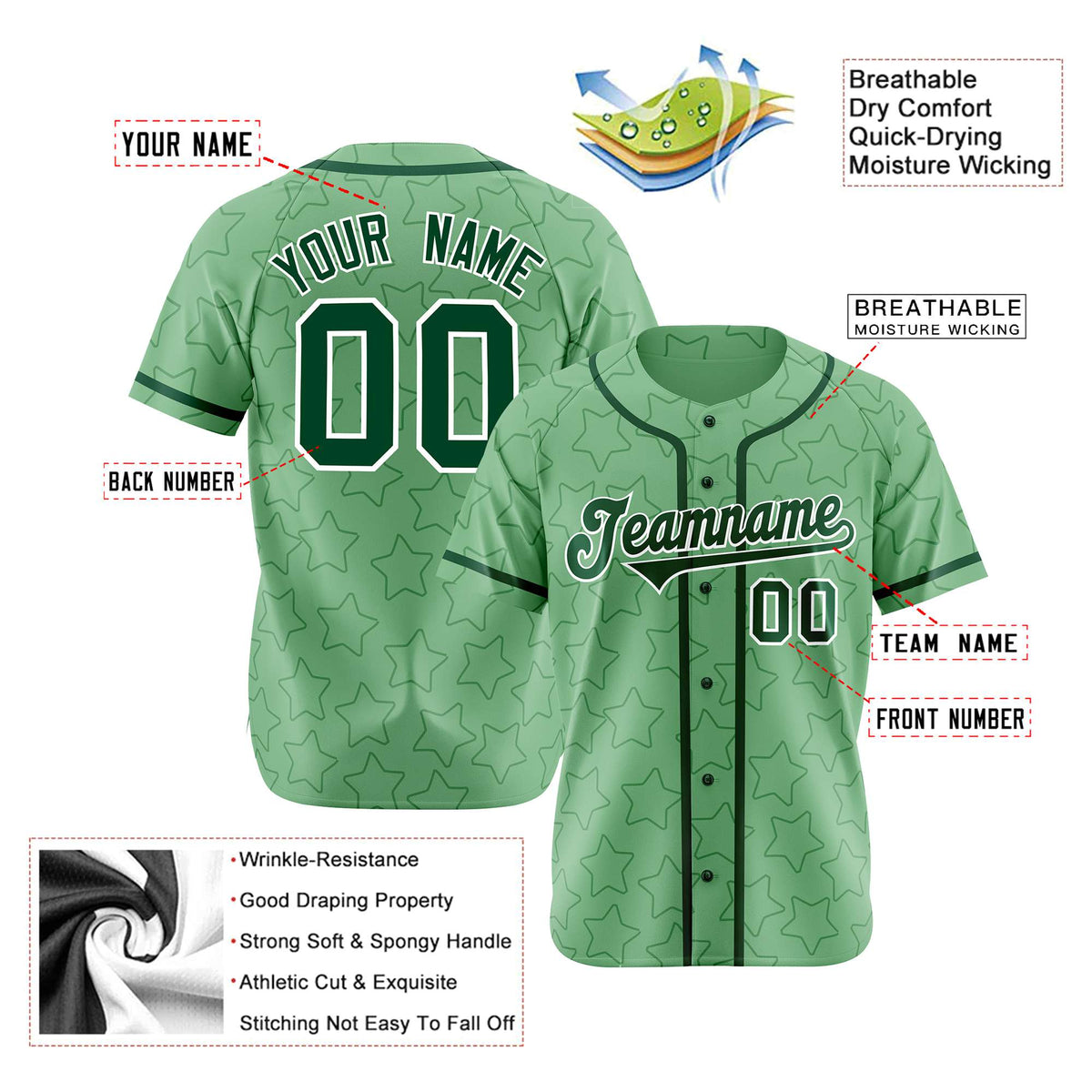 Custom Star Green-Dark Green Baseball Jersey Button Down Shirt Personalized for Adults/Youth