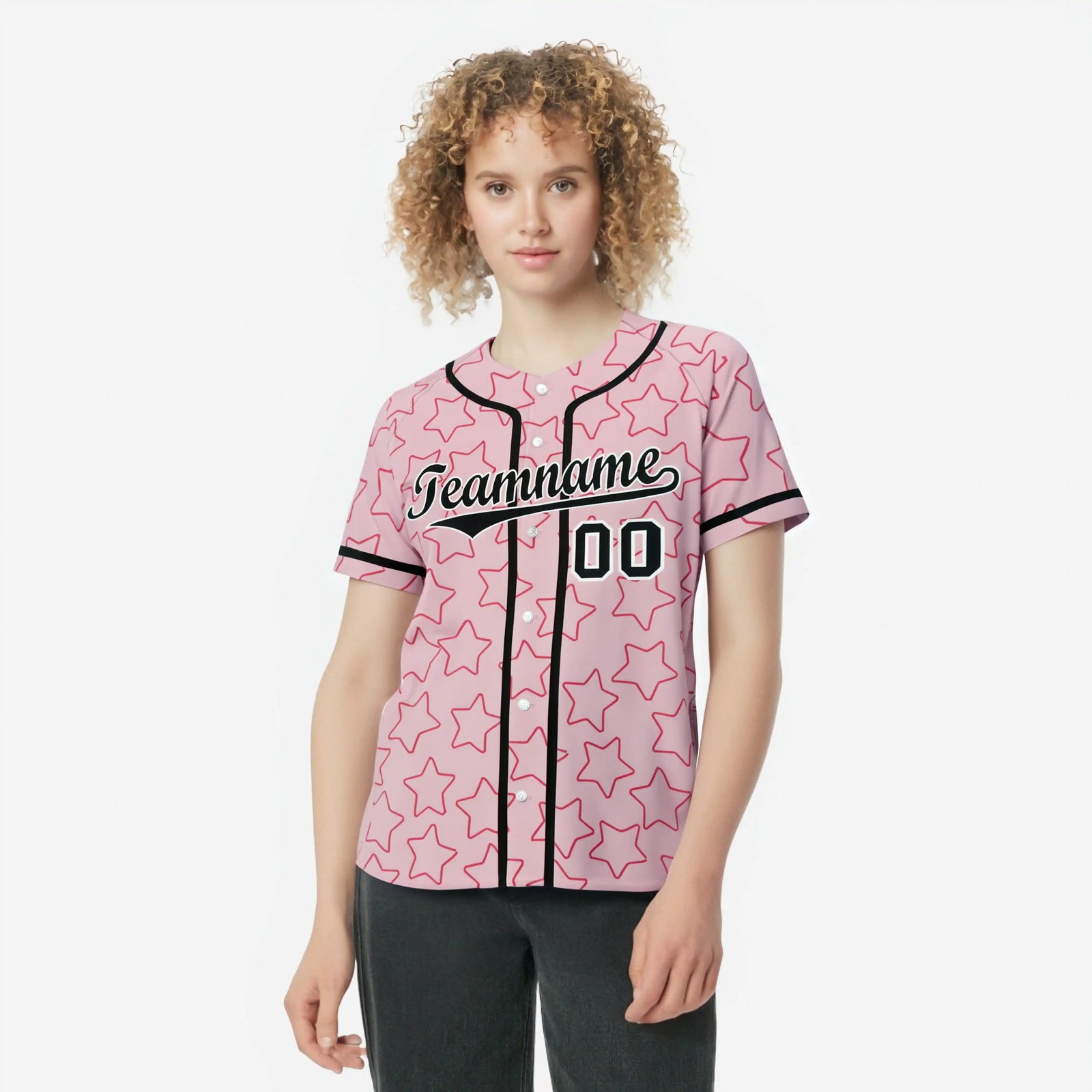 Custom Star Pink Black Baseball Jersey Button Down Shirt Personalized for Adults/Youth
