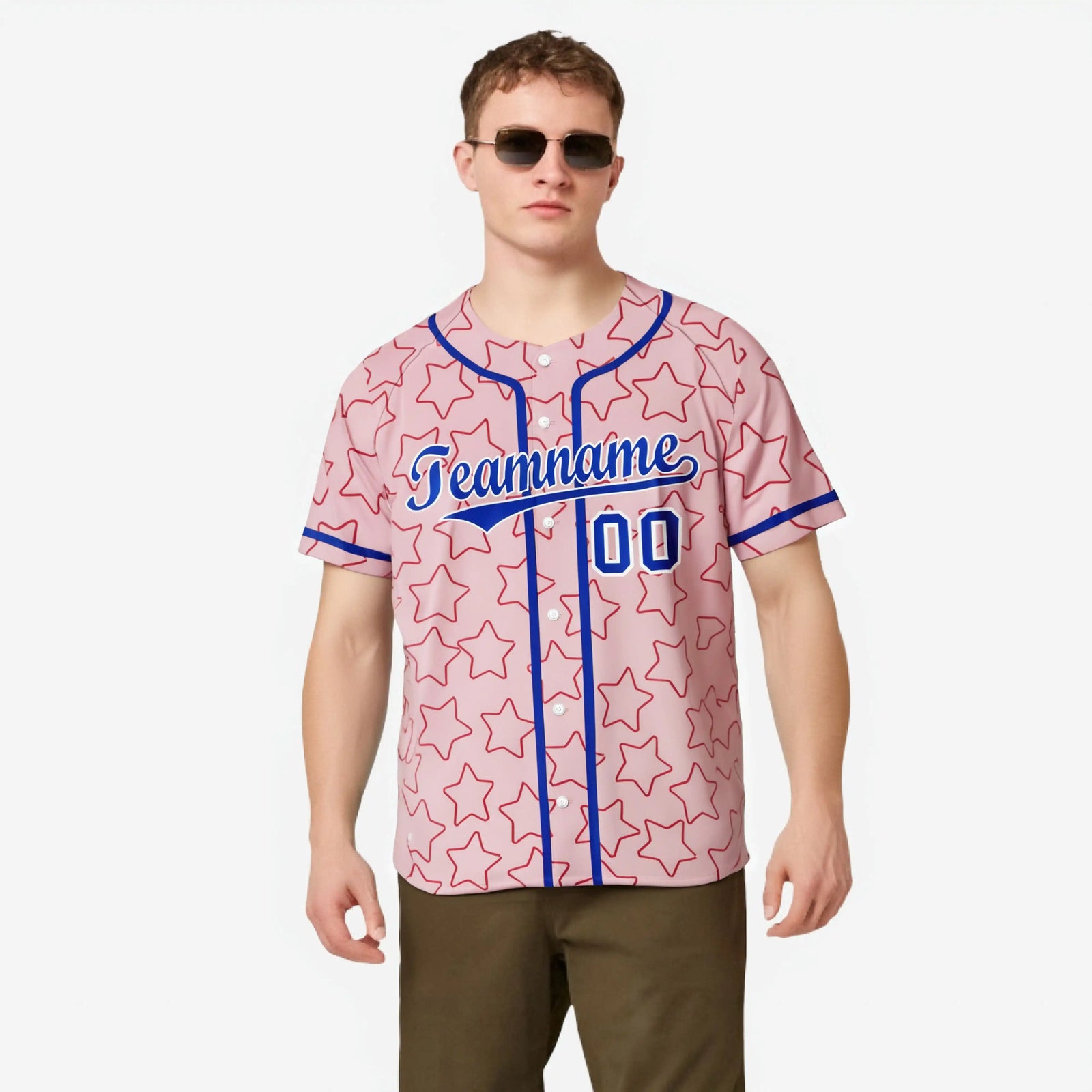 Custom Star Pink Blue Baseball Jersey Button Down Shirt Personalized for Adults/Youth