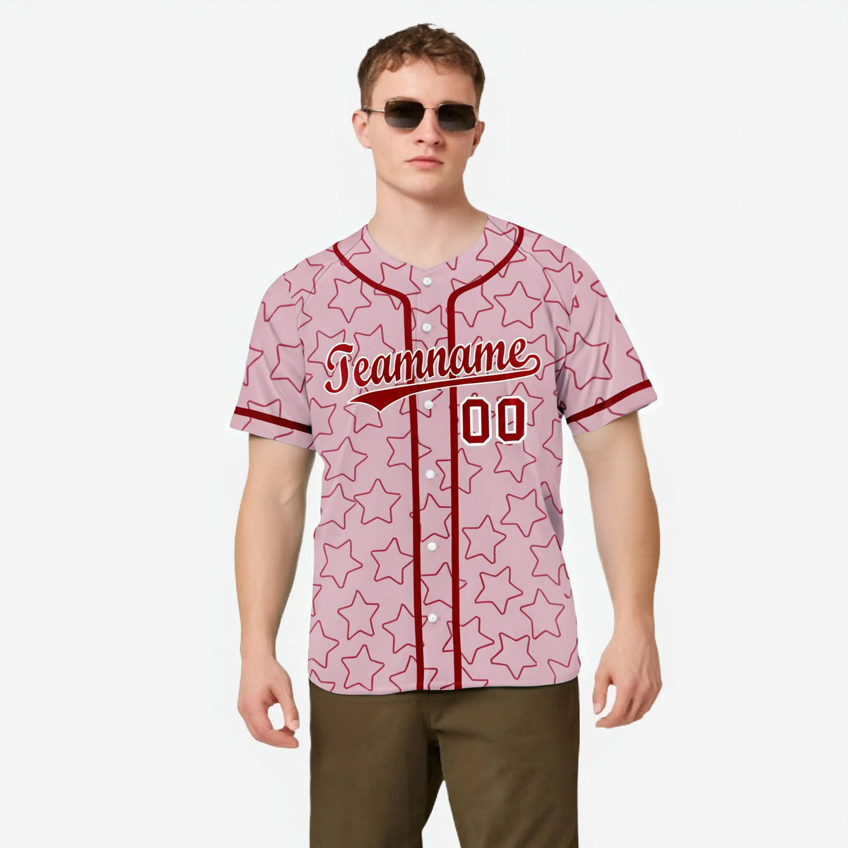 Custom Star Pink Red Baseball Jersey Button Down Shirt Personalized for Adults/Youth