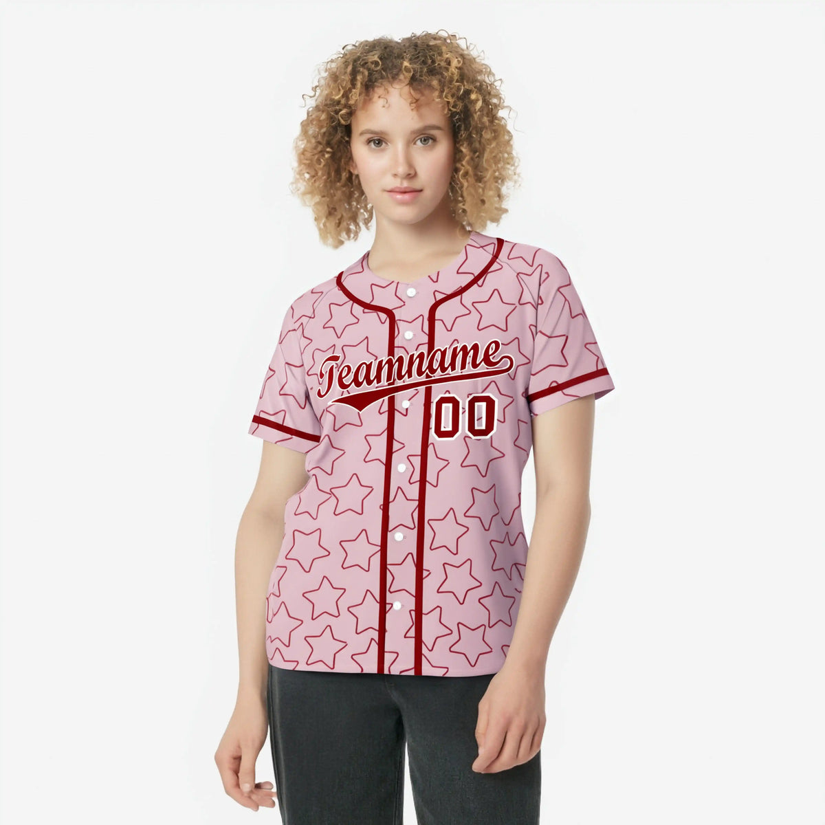 Custom Star Pink Red Baseball Jersey Button Down Shirt Personalized for Adults/Youth