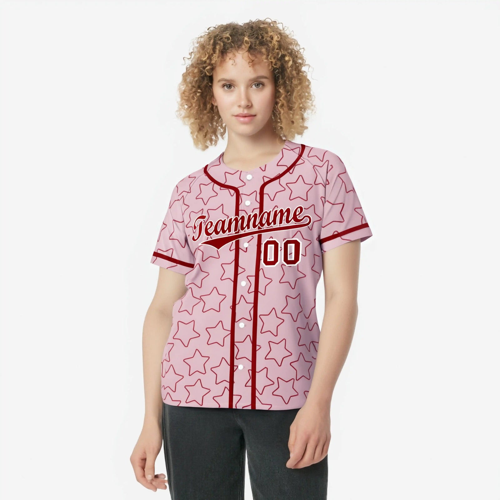 Custom Star Pink Red Baseball Jersey Button Down Shirt Personalized for Adults/Youth