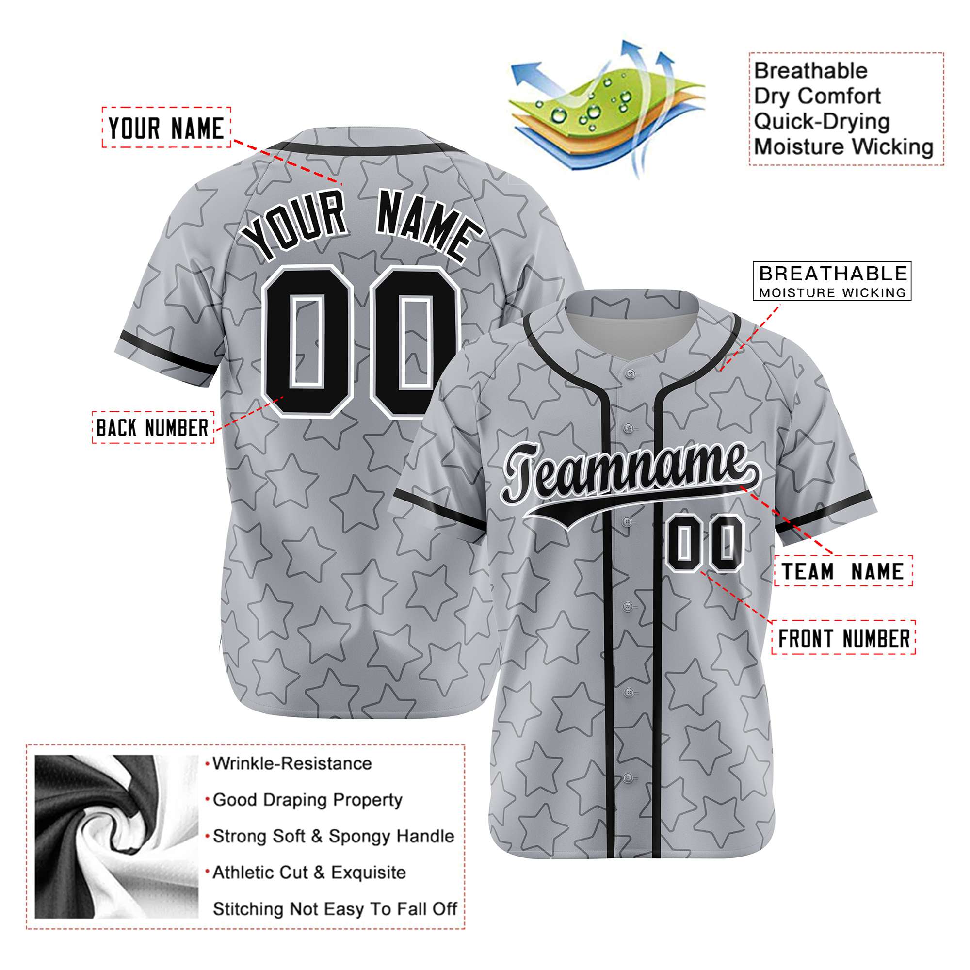 Custom Star Gray Black Baseball Jersey Button Down Shirt Personalized for Adults/Youth