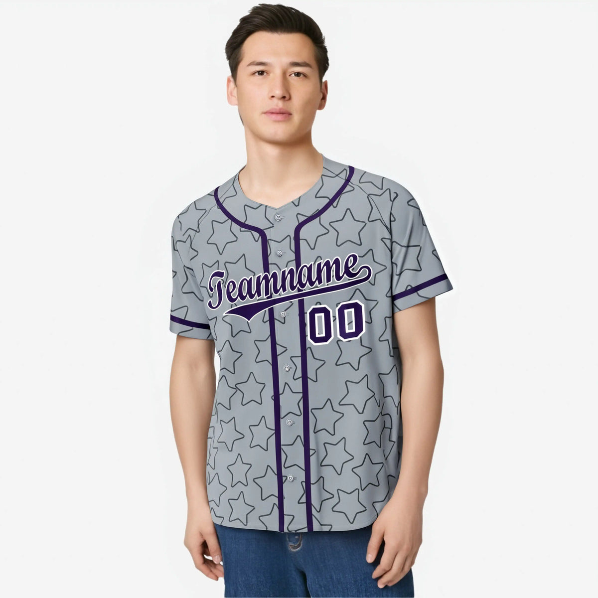 Custom Star Gray Violet Baseball Jersey Button Down Shirt Personalized for Adults/Youth