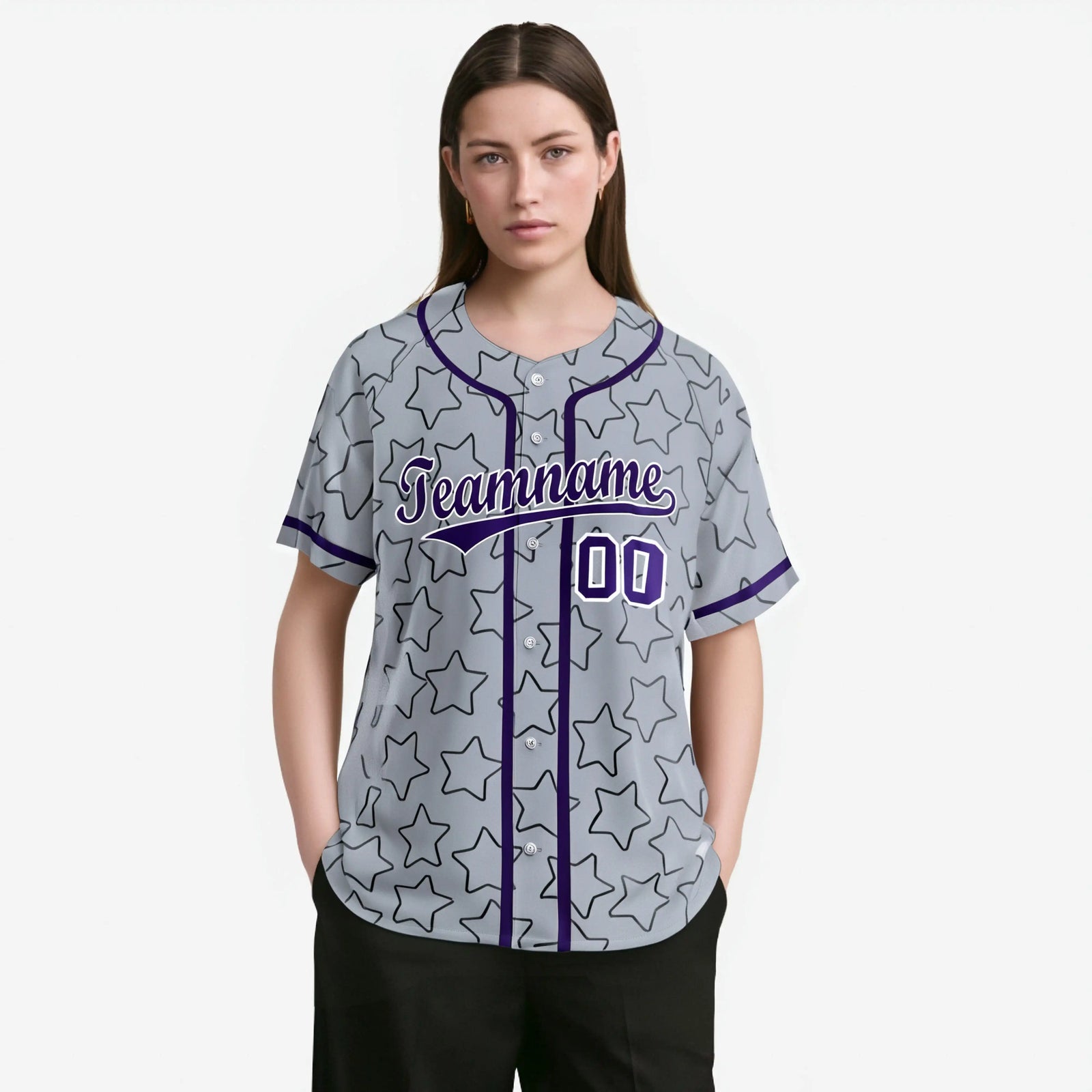 Custom Star Gray Violet Baseball Jersey Button Down Shirt Personalized for Adults/Youth