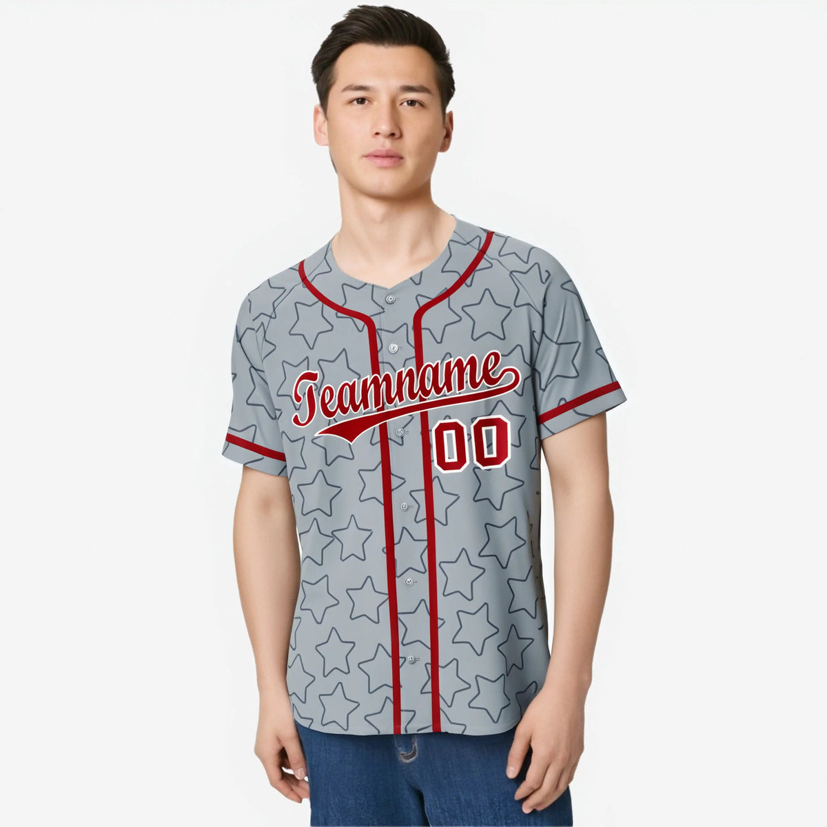 Custom Star Gray Red Baseball Jersey Button Down Shirt Personalized for Adults/Youth