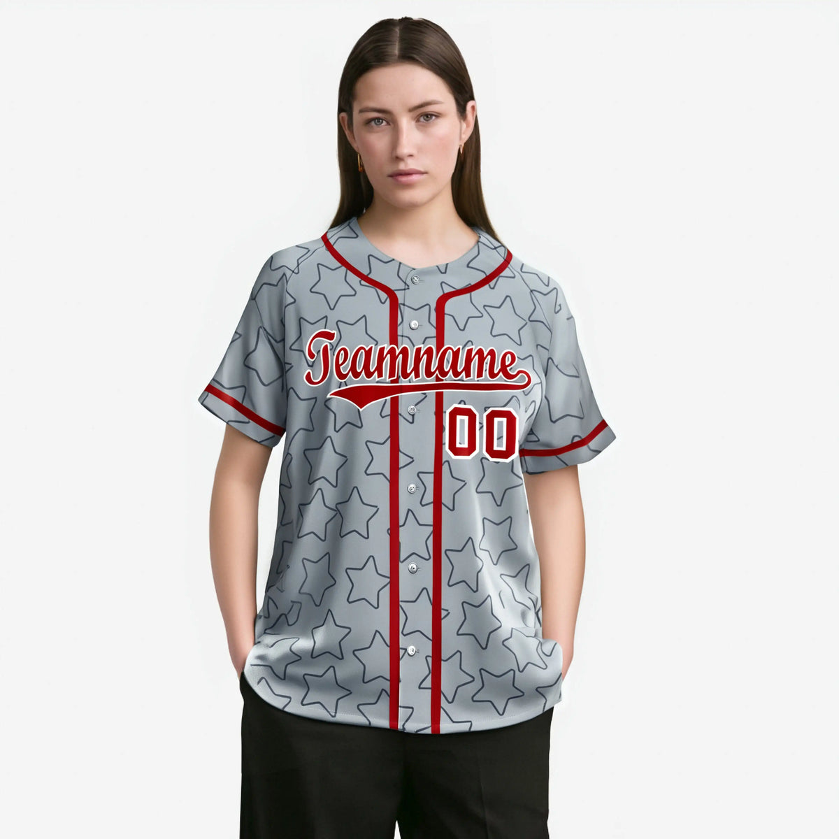 Custom Star Gray Red Baseball Jersey Button Down Shirt Personalized for Adults/Youth