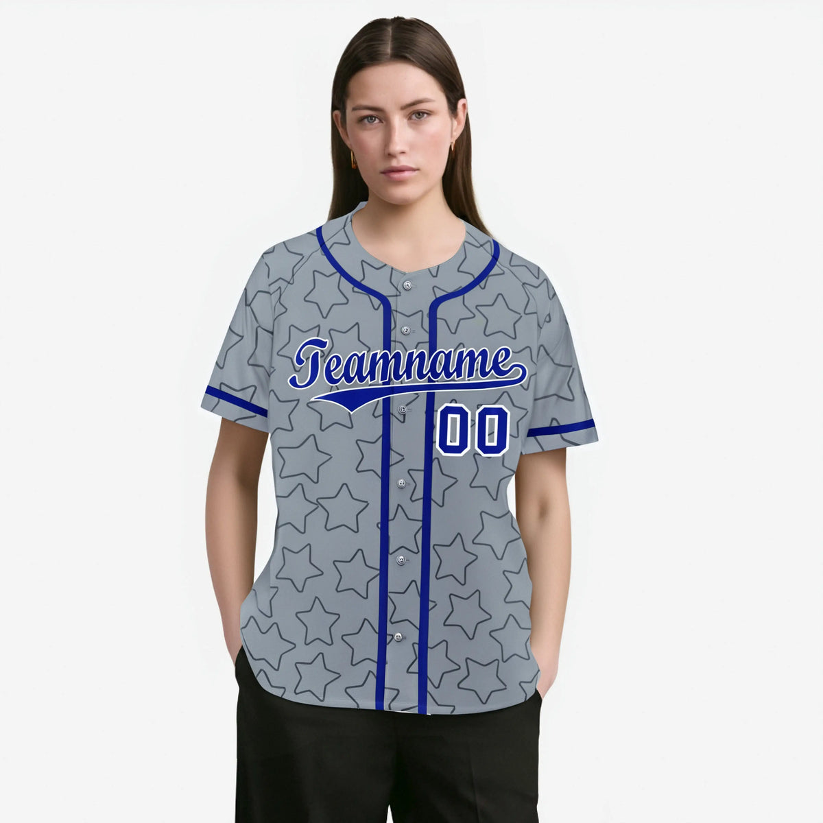 Custom Star Gray Blue Baseball Jersey Button Down Shirt Personalized for Adults/Youth