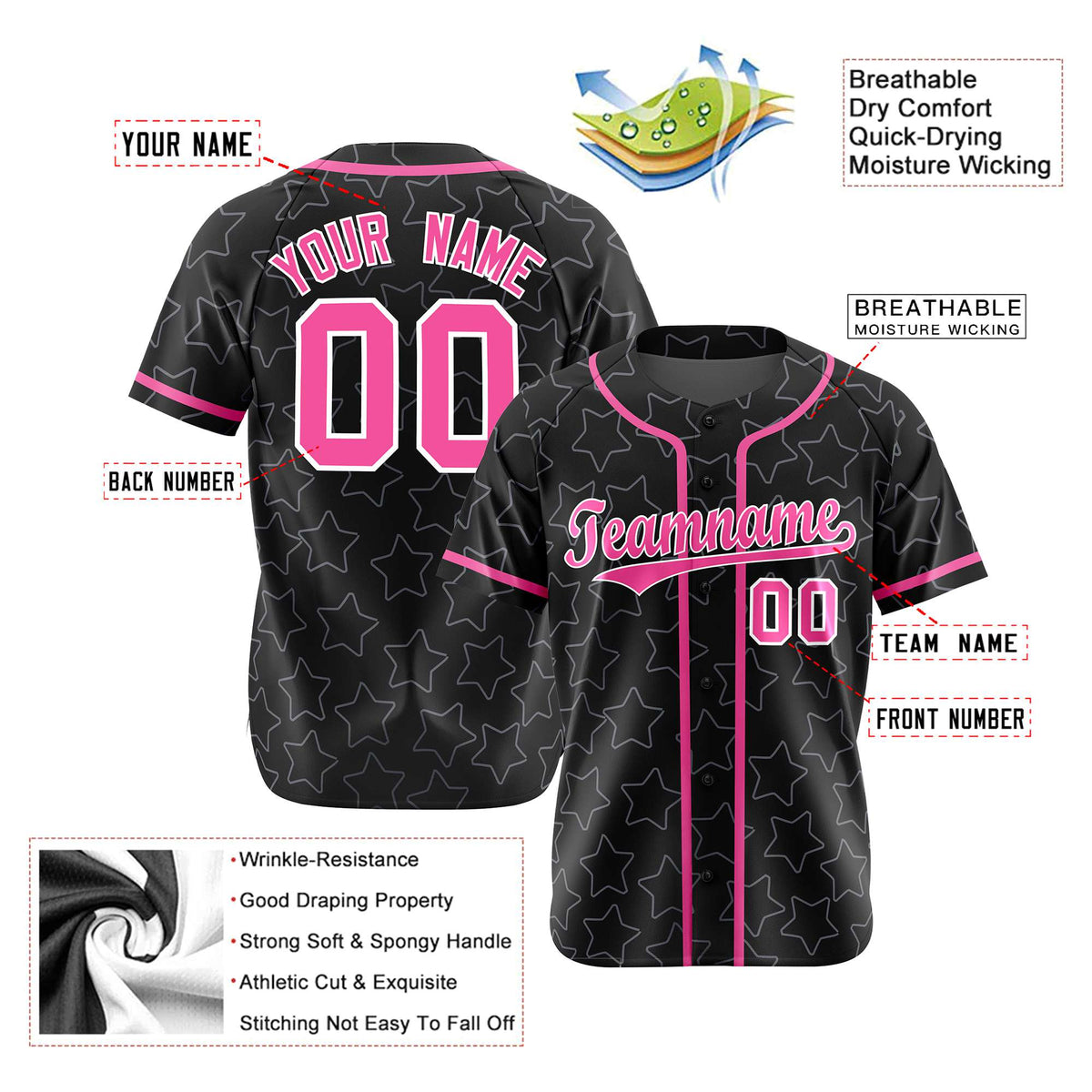 Custom Star Black Pink Baseball Jersey Button Down Shirt Personalized for Adults/Youth
