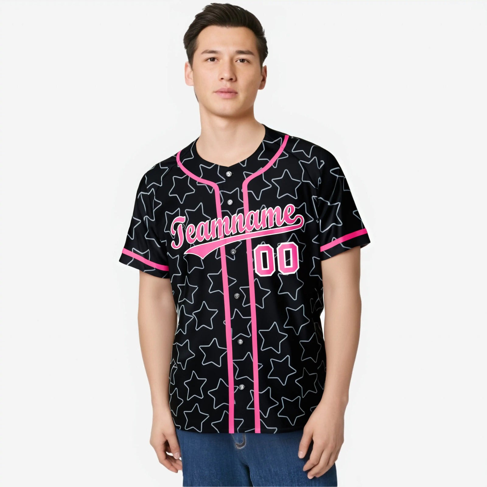 Custom Star Black Pink Baseball Jersey Button Down Shirt Personalized for Adults/Youth