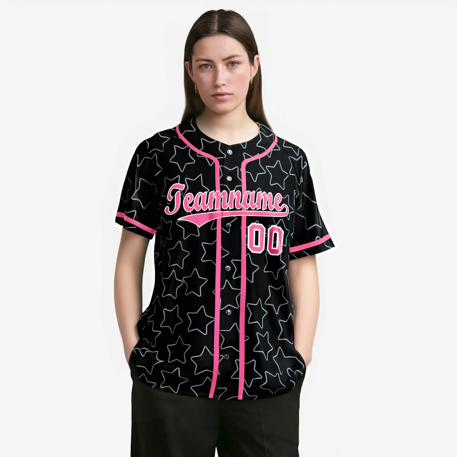 Custom Star Black Pink Baseball Jersey Button Down Shirt Personalized for Adults/Youth