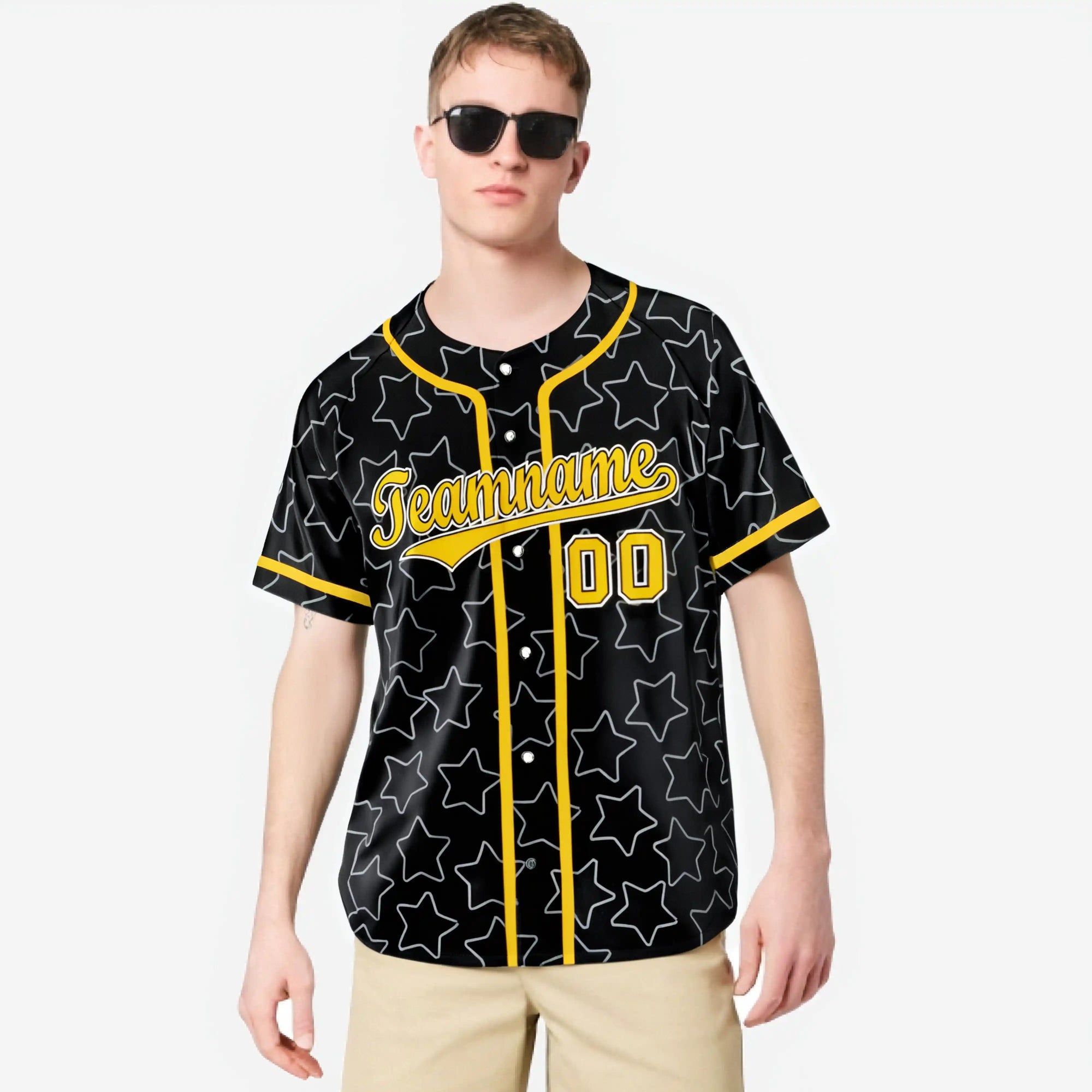 Custom Star Black Gold Baseball Jersey Button Down Shirt Personalized for Adults/Youth