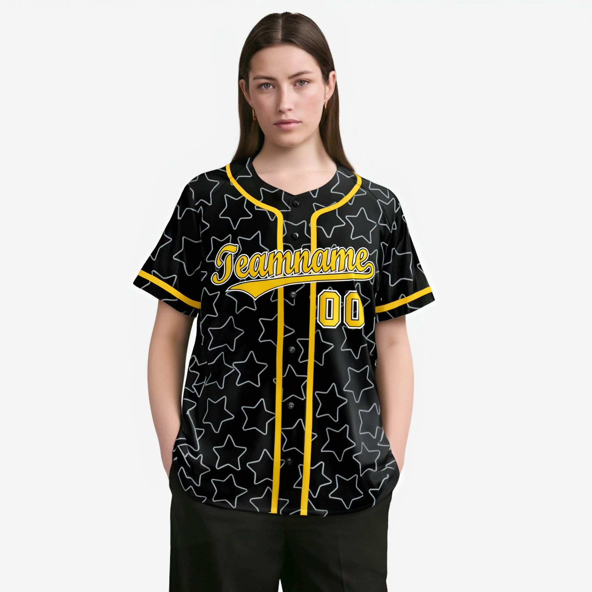 Custom Star Black Gold Baseball Jersey Button Down Shirt Personalized for Adults/Youth