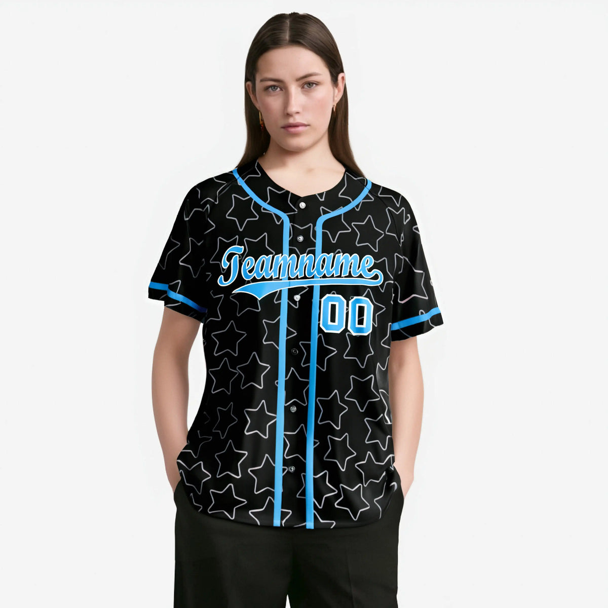 Custom Star Black Blue Baseball Jersey Button Down Shirt Personalized for Adults/Youth