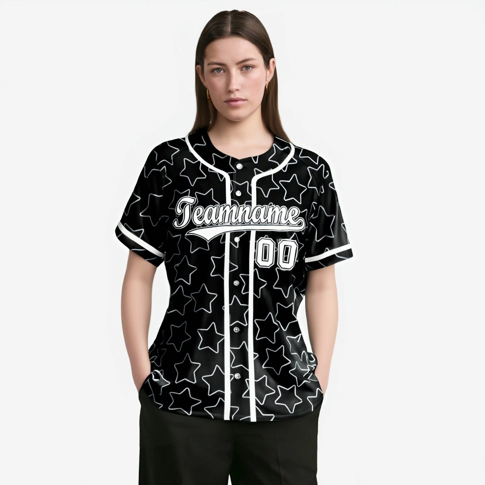 Custom Star Black White Baseball Jersey Button Down Shirt Personalized for Adults/Youth