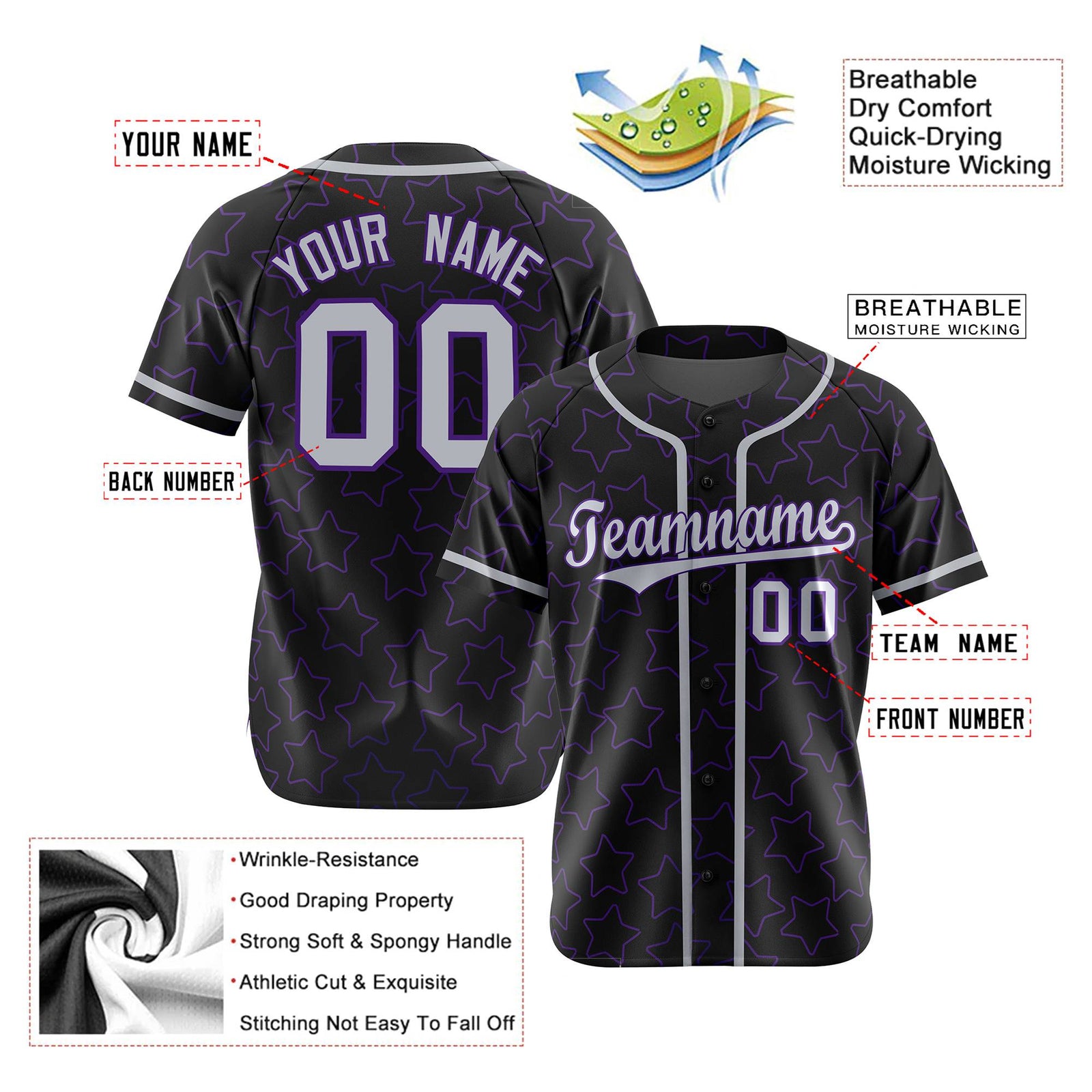 Custom Star Black White Baseball Jersey Button Down Shirt Personalized for Adults/Youth