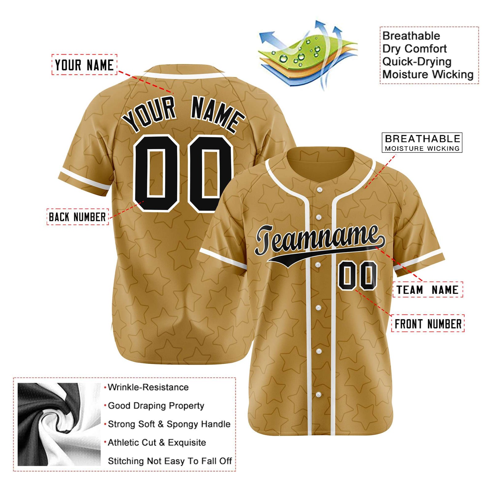 Custom Star Gold Black Baseball Jersey Button Down Shirt Personalized for Adults/Youth