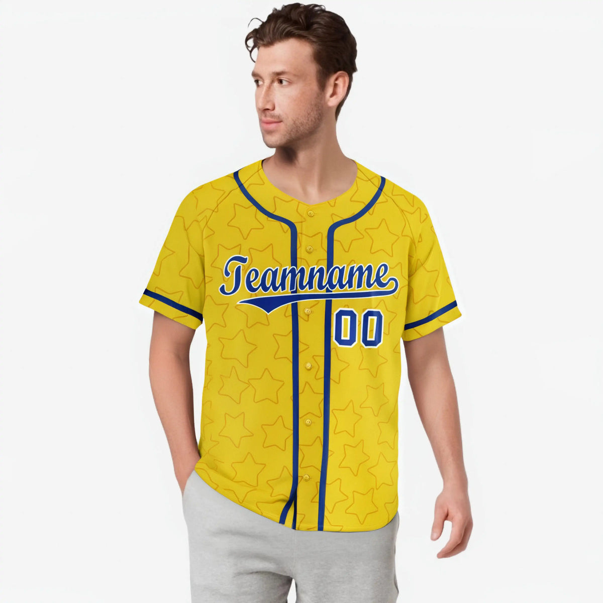 Custom Star Gold Blue Baseball Jersey Button Down Shirt Personalized for Adults/Youth