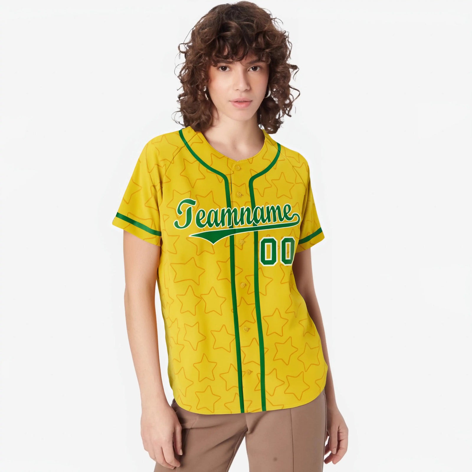 Custom Star Gold Green Baseball Jersey Button Down Shirt Personalized for Adults/Youth