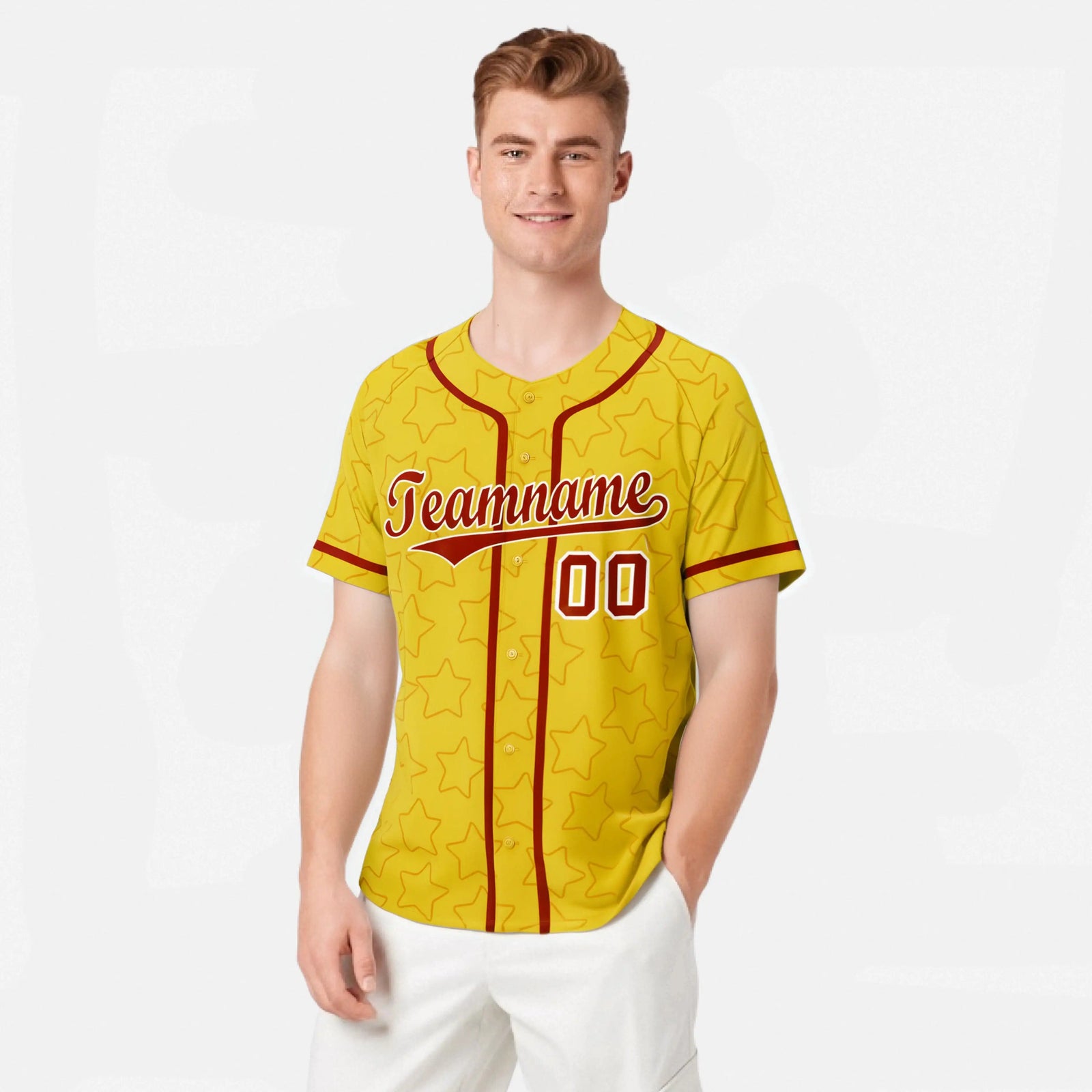Custom Star Gold Red Baseball Jersey Button Down Shirt Personalized for Adults/Youth