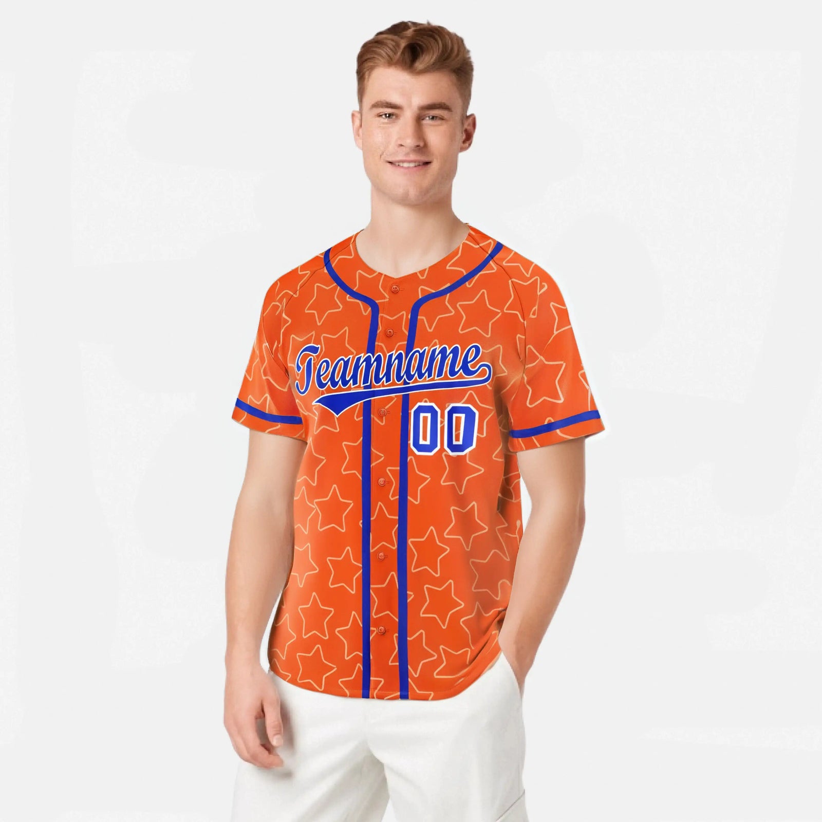 Custom Star Orange Blue Baseball Jersey Button Down Shirt Personalized for Adults/Youth