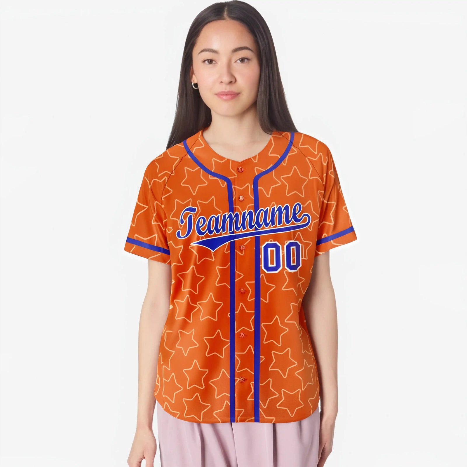 Custom Star Orange Blue Baseball Jersey Button Down Shirt Personalized for Adults/Youth