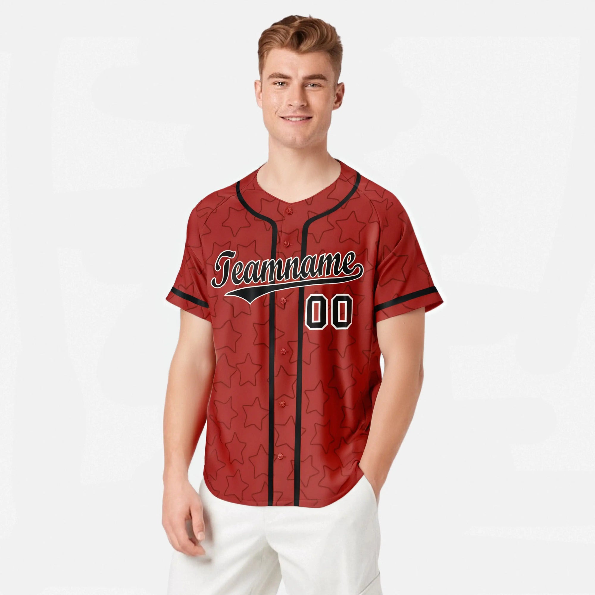 Custom Star Red Black Baseball Jersey Button Down Shirt Personalized for Adults/Youth