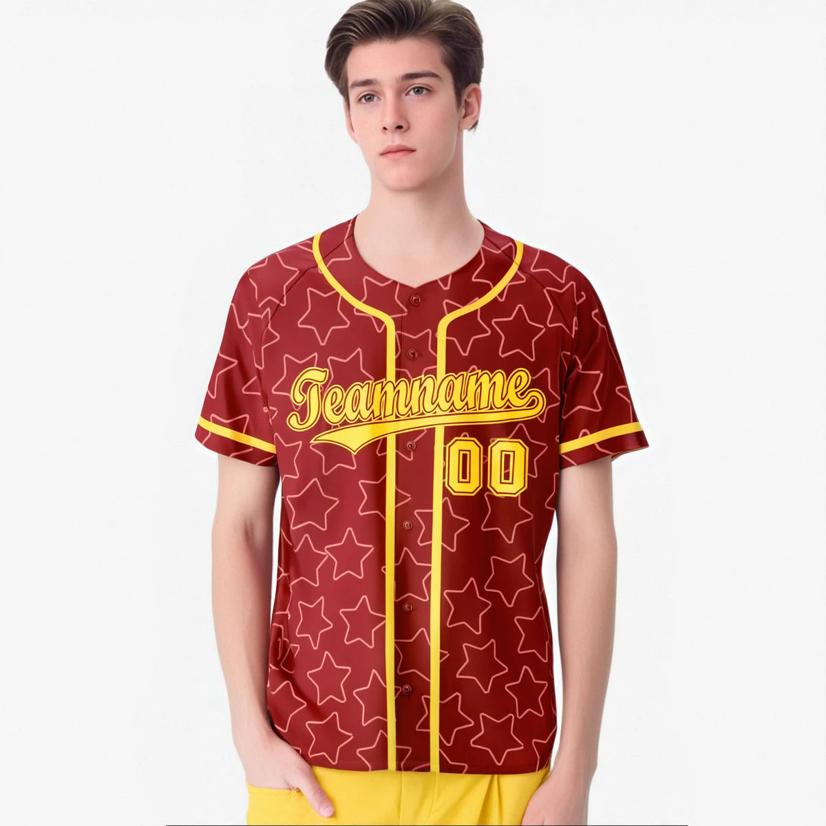 Custom Star Red Gold Baseball Jersey Button Down Shirt Personalized for Adults/Youth