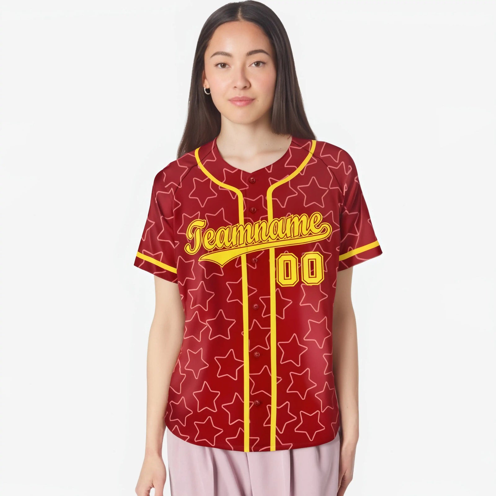 Custom Star Red Gold Baseball Jersey Button Down Shirt Personalized for Adults/Youth