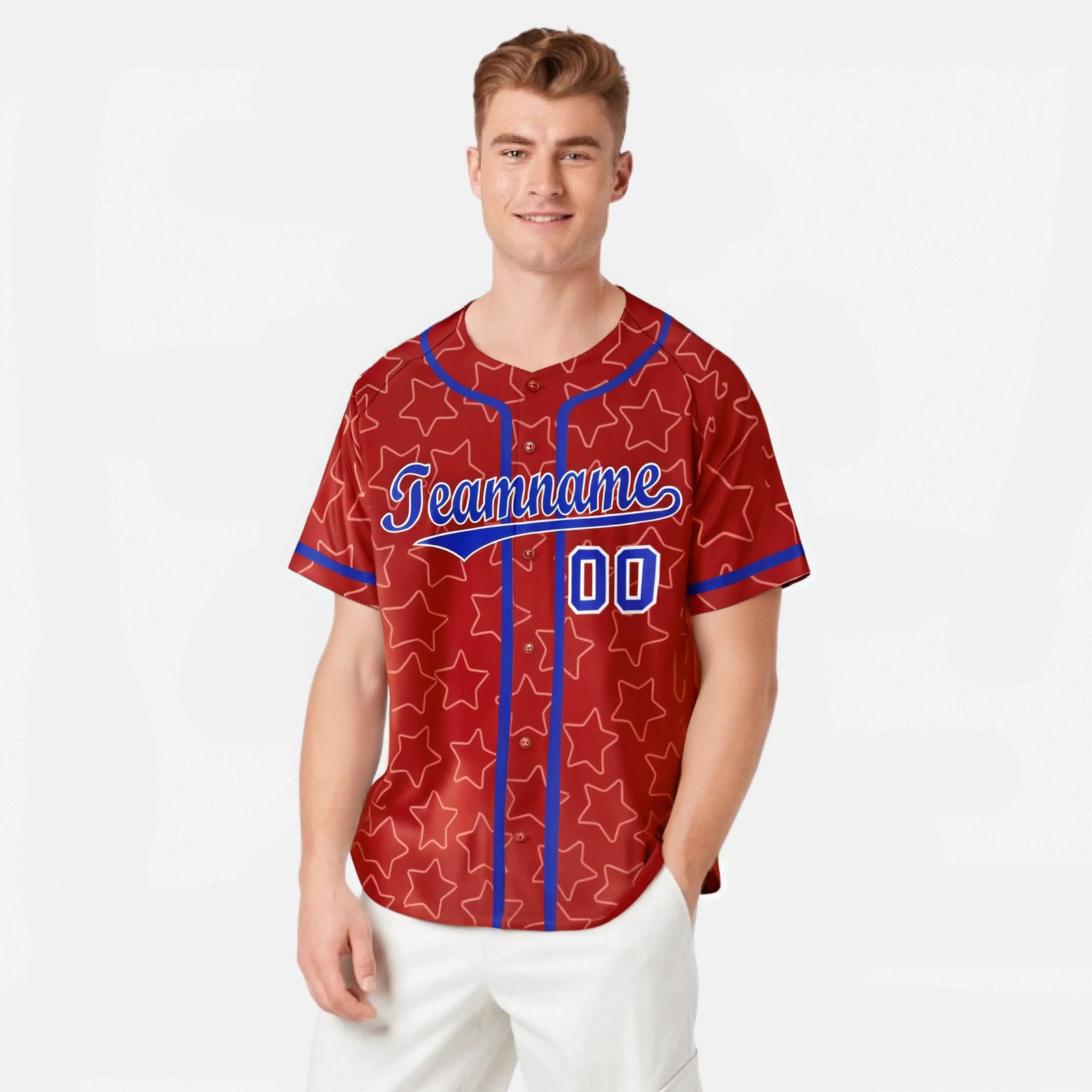 Custom Star Red Blue Baseball Jersey Button Down Shirt Personalized for Adults/Youth