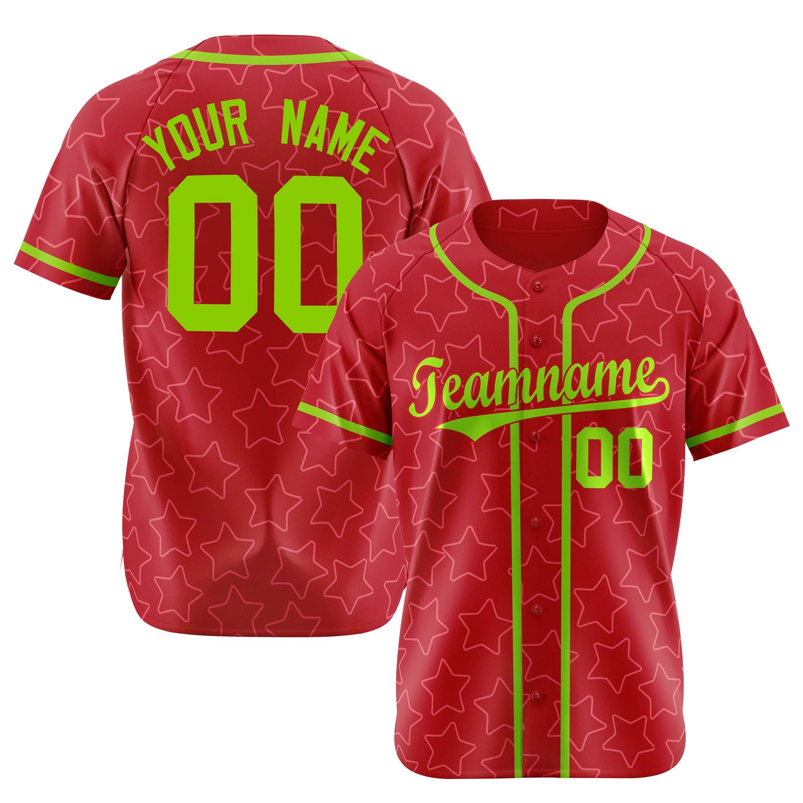 Custom Star Red Lime-Green Baseball Jersey Button Down Shirt Personalized for Adults/Youth