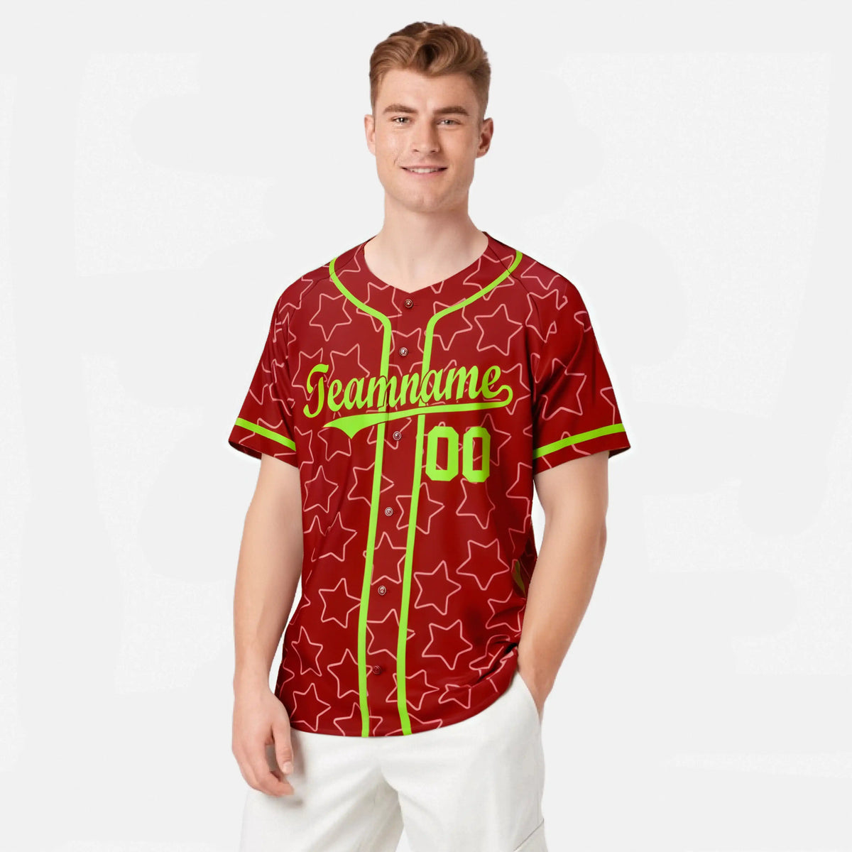 Custom Star Red Lime-Green Baseball Jersey Button Down Shirt Personalized for Adults/Youth