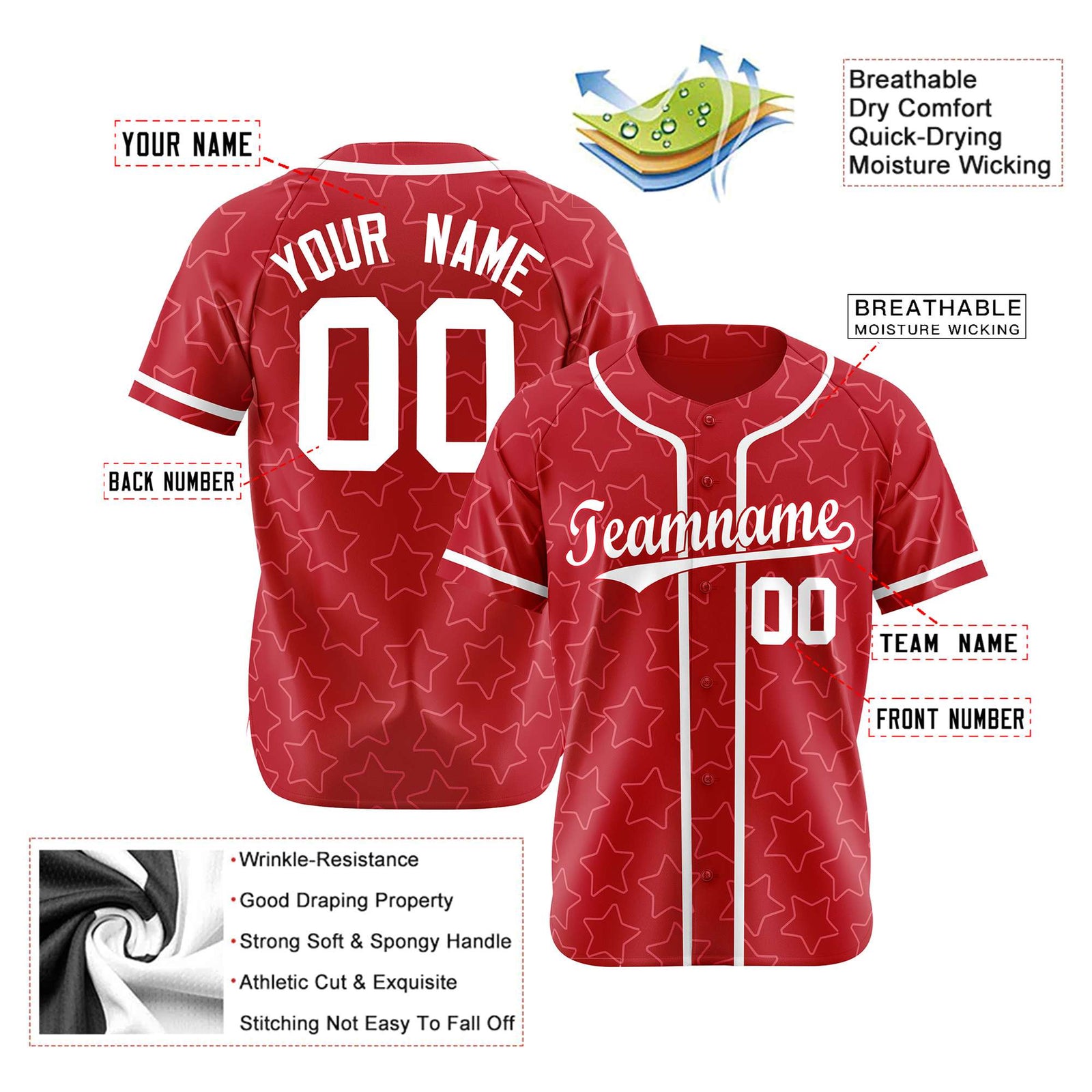 Custom Star Red Black Baseball Jersey Button Down Shirt Personalized for Adults/Youth