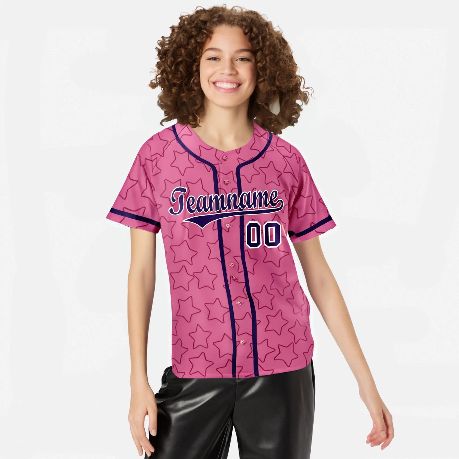 Custom Star Pink Purple Baseball Jersey Button Down Shirt Personalized for Adults/Youth