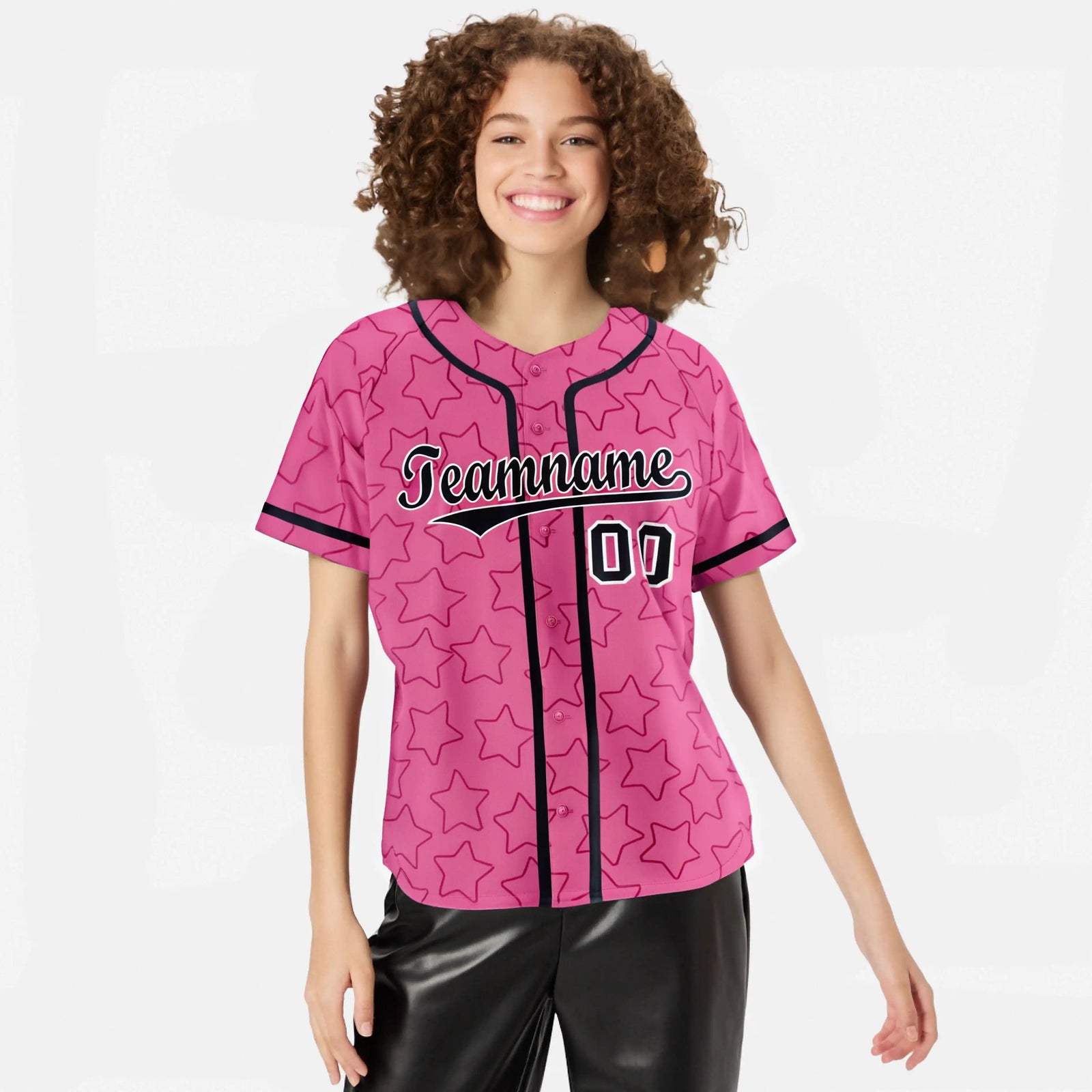 Custom Star Pink Black Baseball Jersey Button Down Shirt Personalized for Adults/Youth
