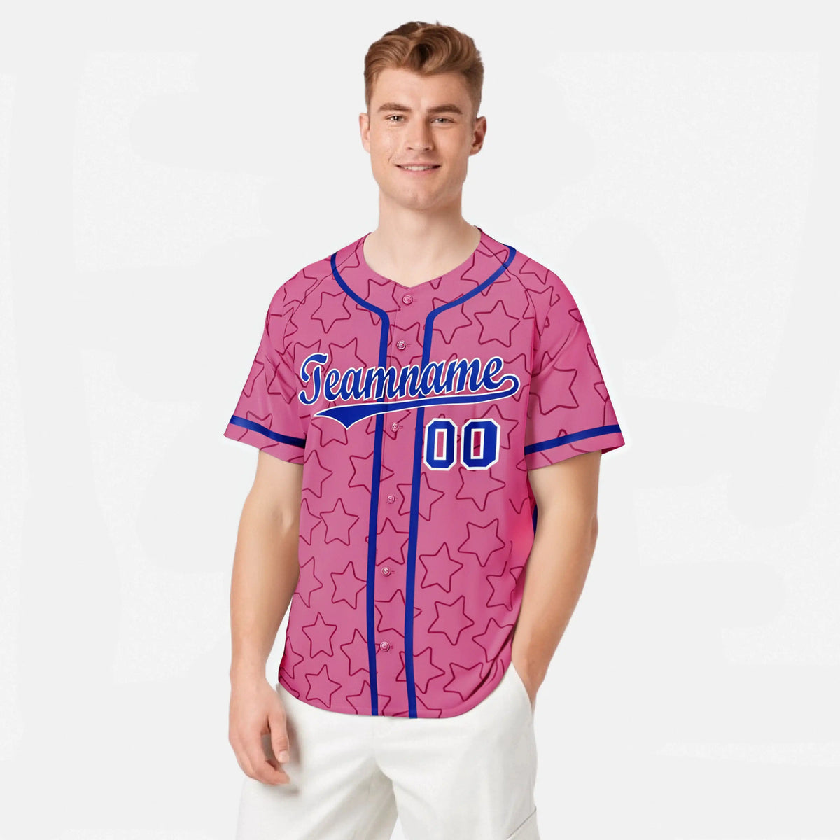 Custom Star Pink Blue Baseball Jersey Button Down Shirt Personalized for Adults/Youth