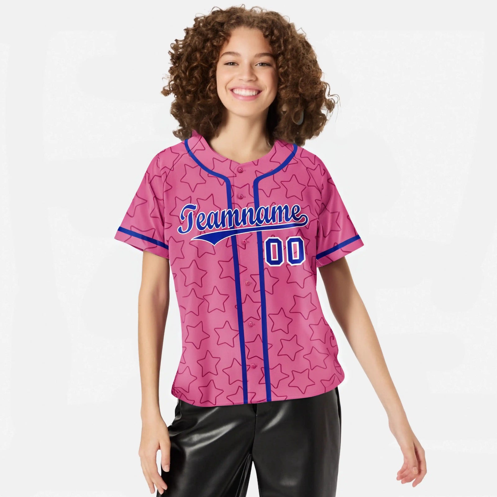 Custom Star Pink Blue Baseball Jersey Button Down Shirt Personalized for Adults/Youth