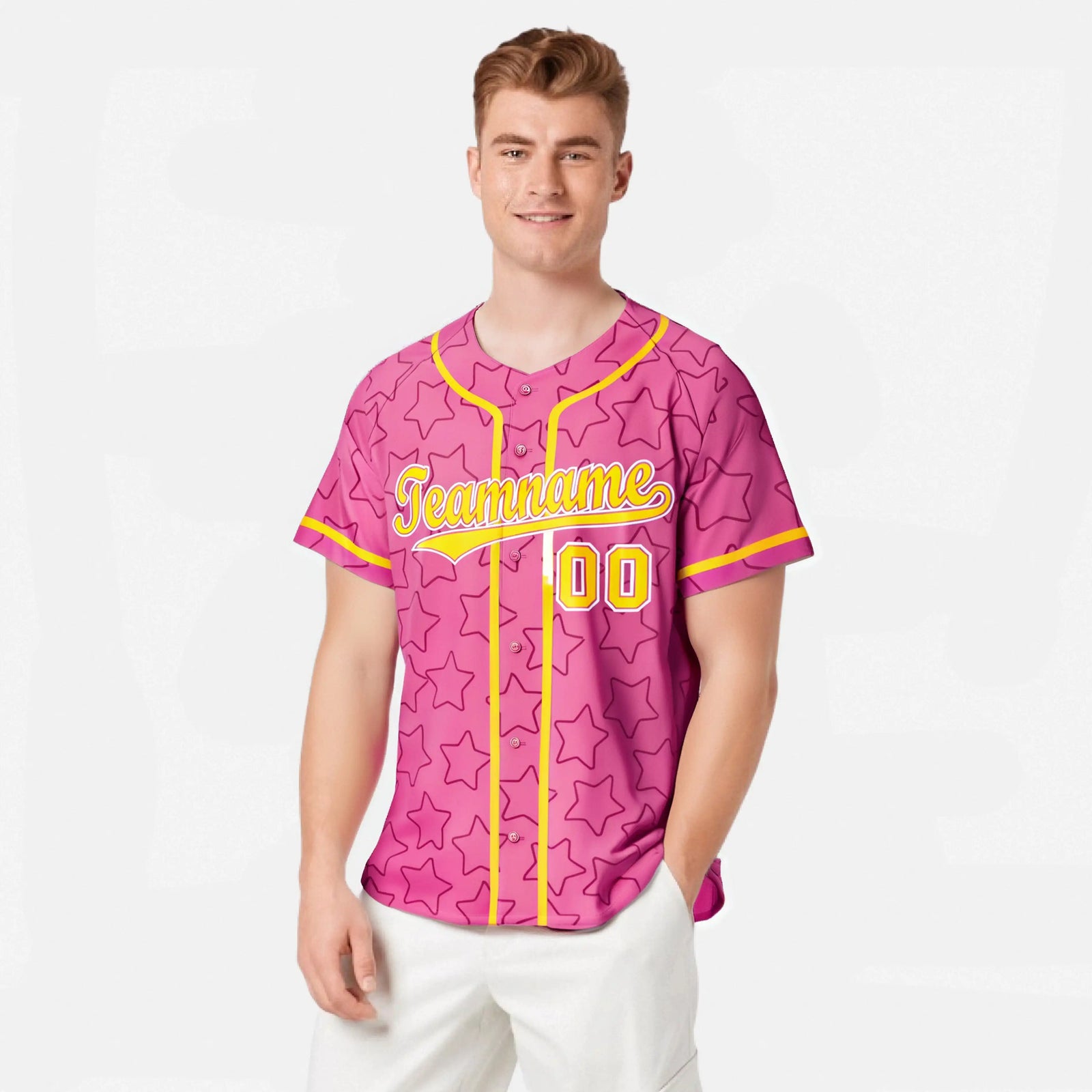 Custom Star Pink Yellow Baseball Jersey Button Down Shirt Personalized for Adults/Youth