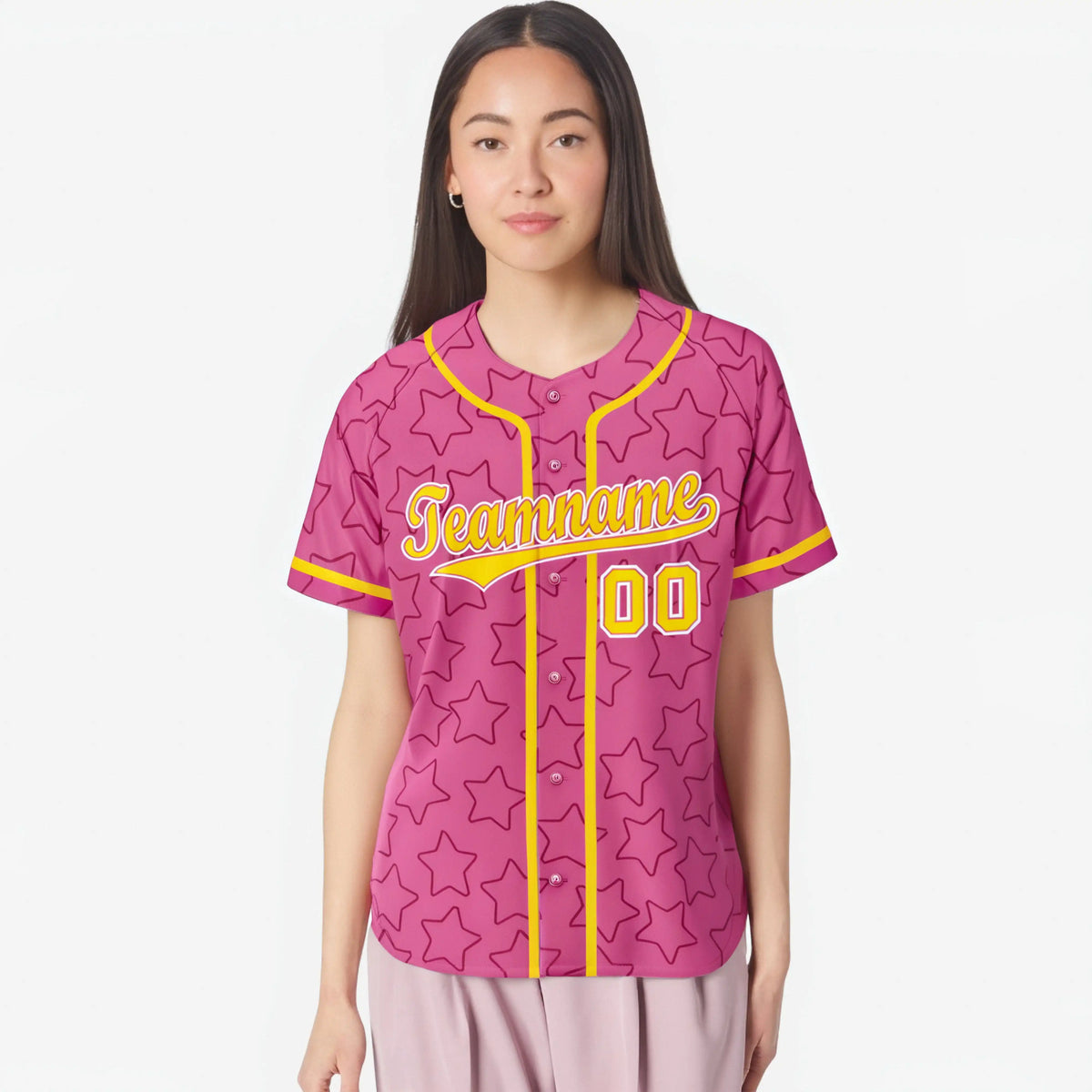 Custom Star Pink Yellow Baseball Jersey Button Down Shirt Personalized for Adults/Youth