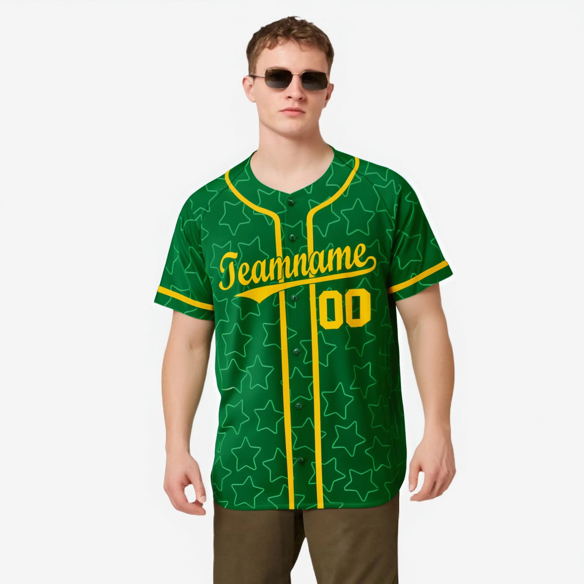 Custom Star Green Gold Baseball Jersey Button Down Shirt Personalized for Adults/Youth