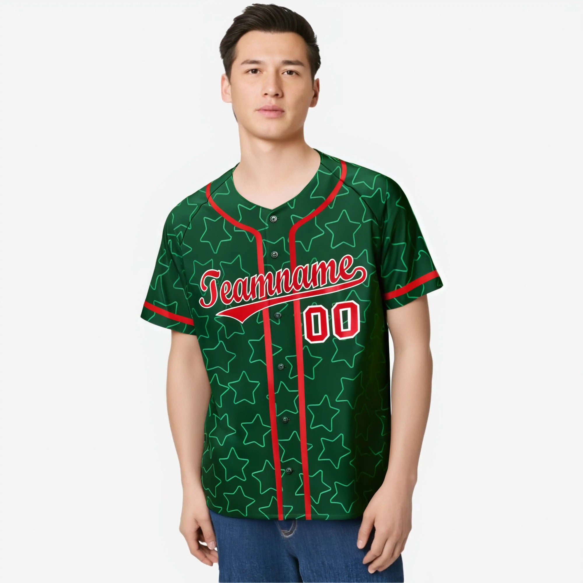 Custom Star Green Red Baseball Jersey Button Down Shirt Personalized for Adults/Youth