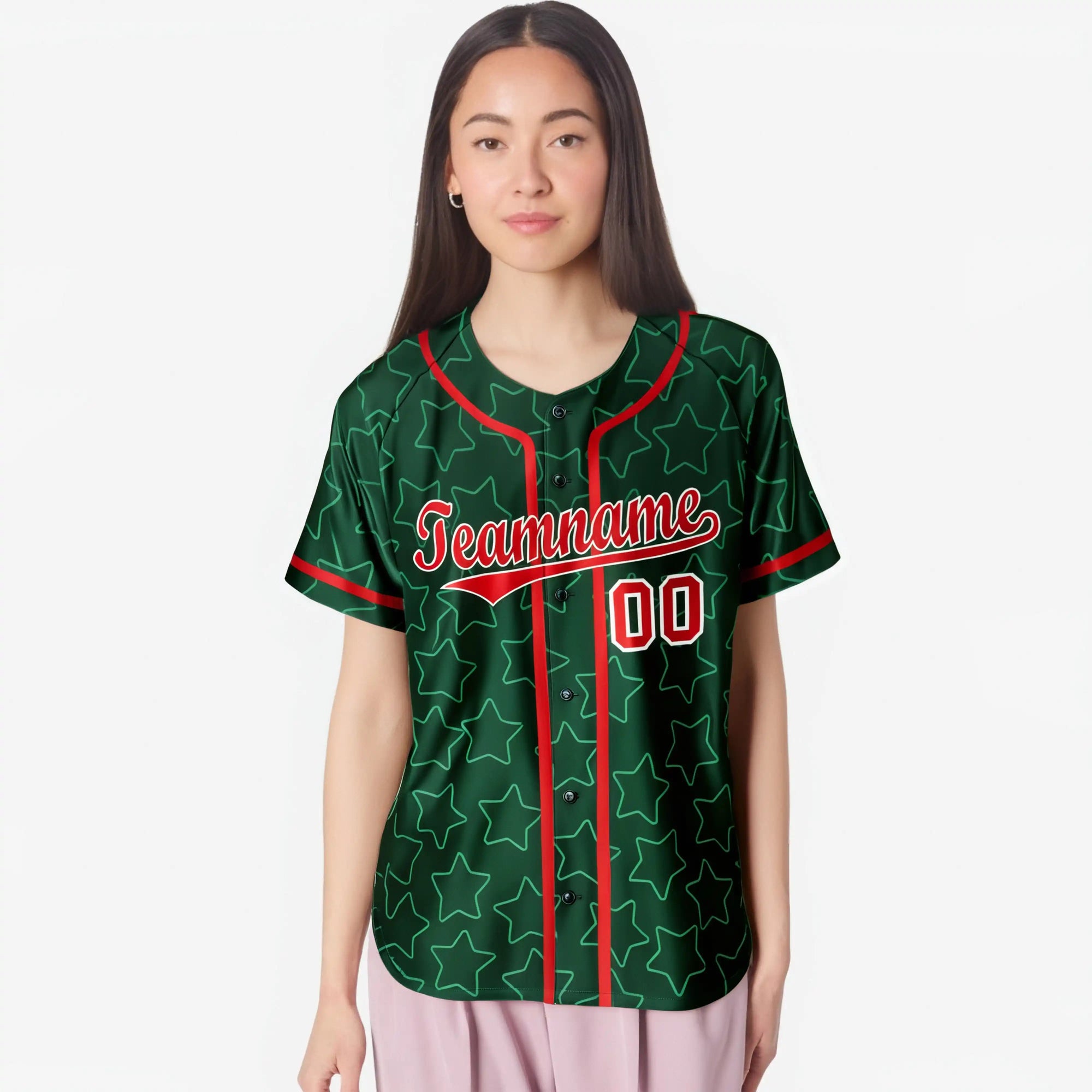 Custom Star Green Red Baseball Jersey Button Down Shirt Personalized for Adults/Youth