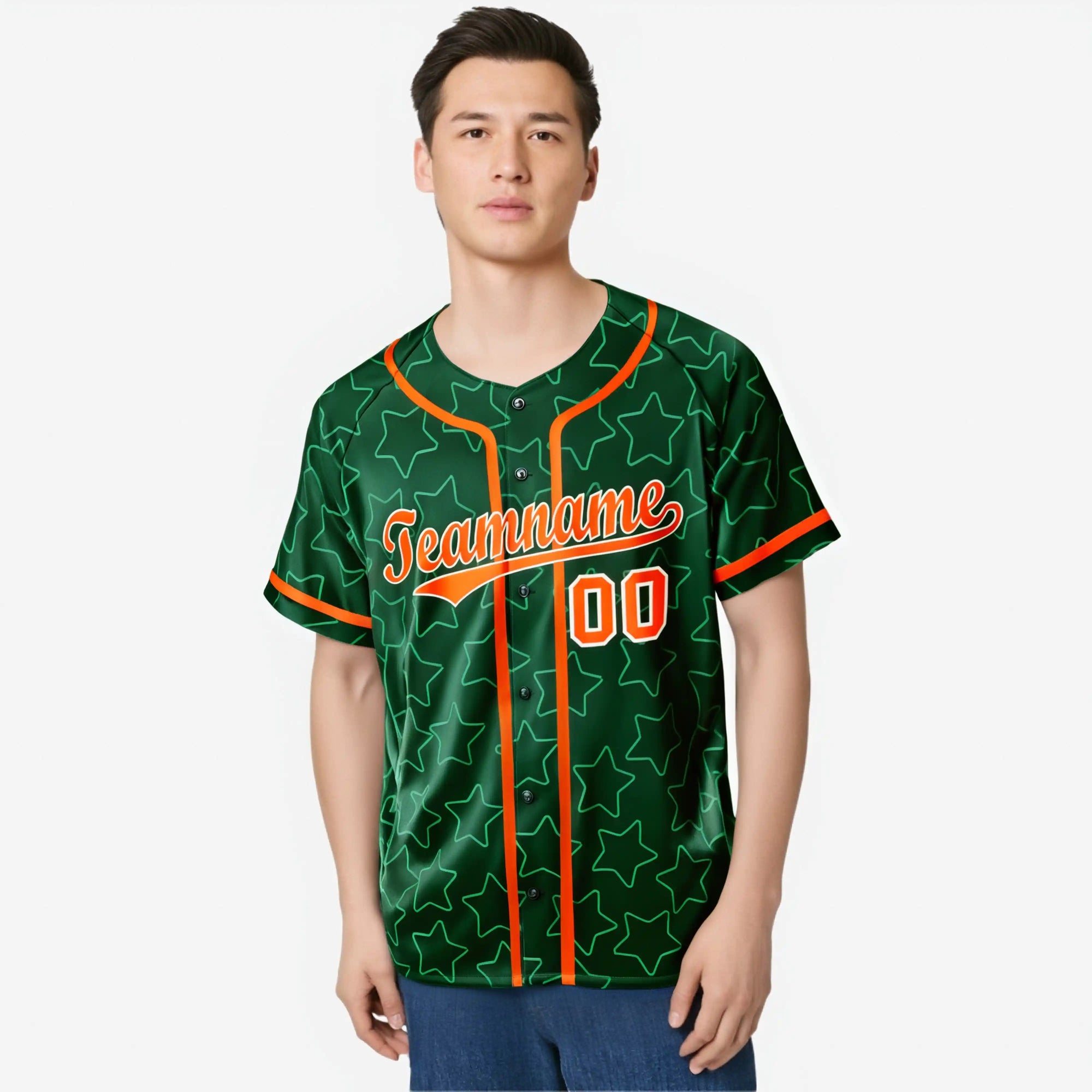 Custom Star Green Orange Baseball Jersey Button Down Shirt Personalized for Adults/Youth