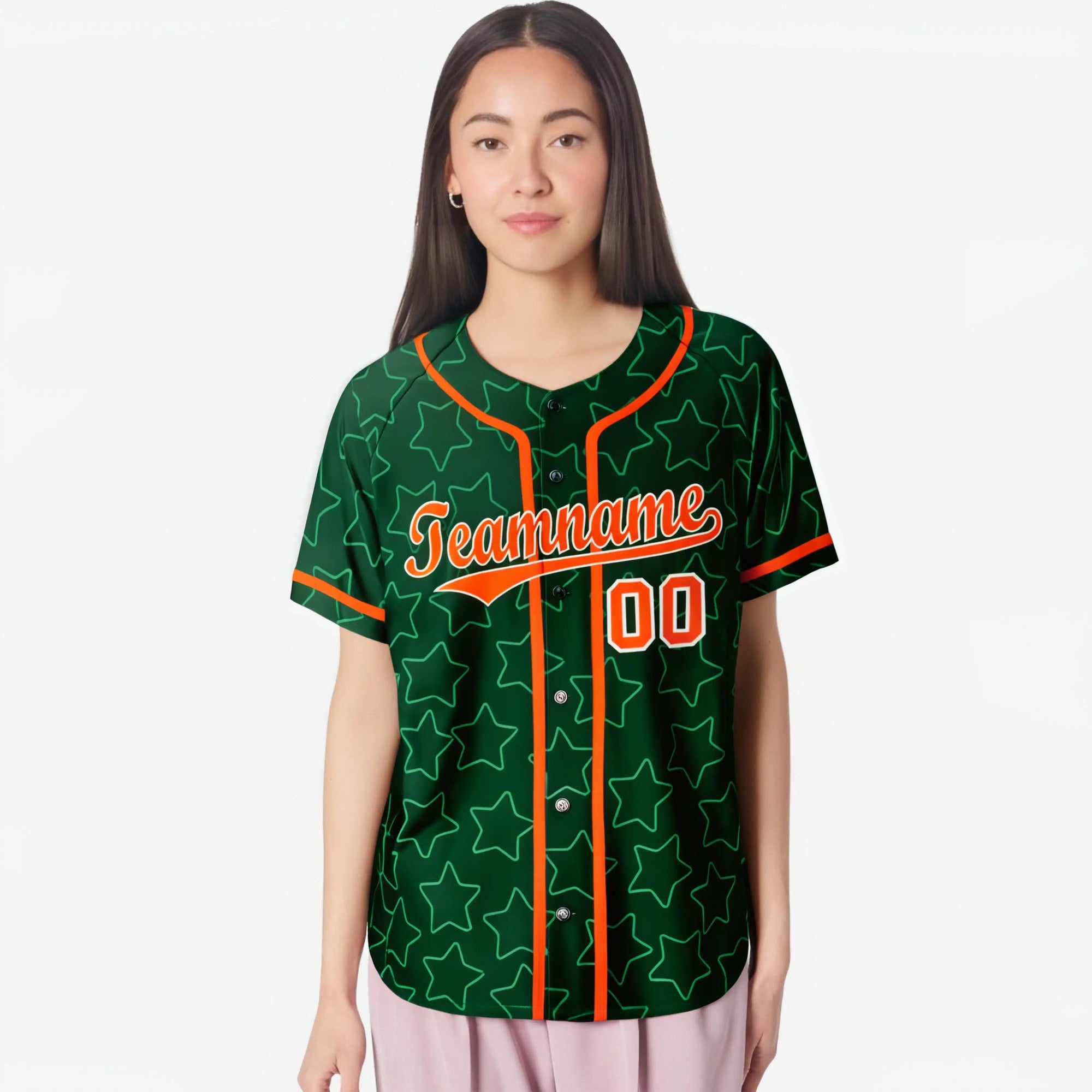 Custom Star Green Orange Baseball Jersey Button Down Shirt Personalized for Adults/Youth