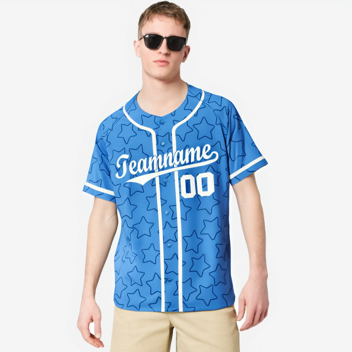 Custom Star Blue White Baseball Jersey Button Down Shirt Personalized for Adults/Youth