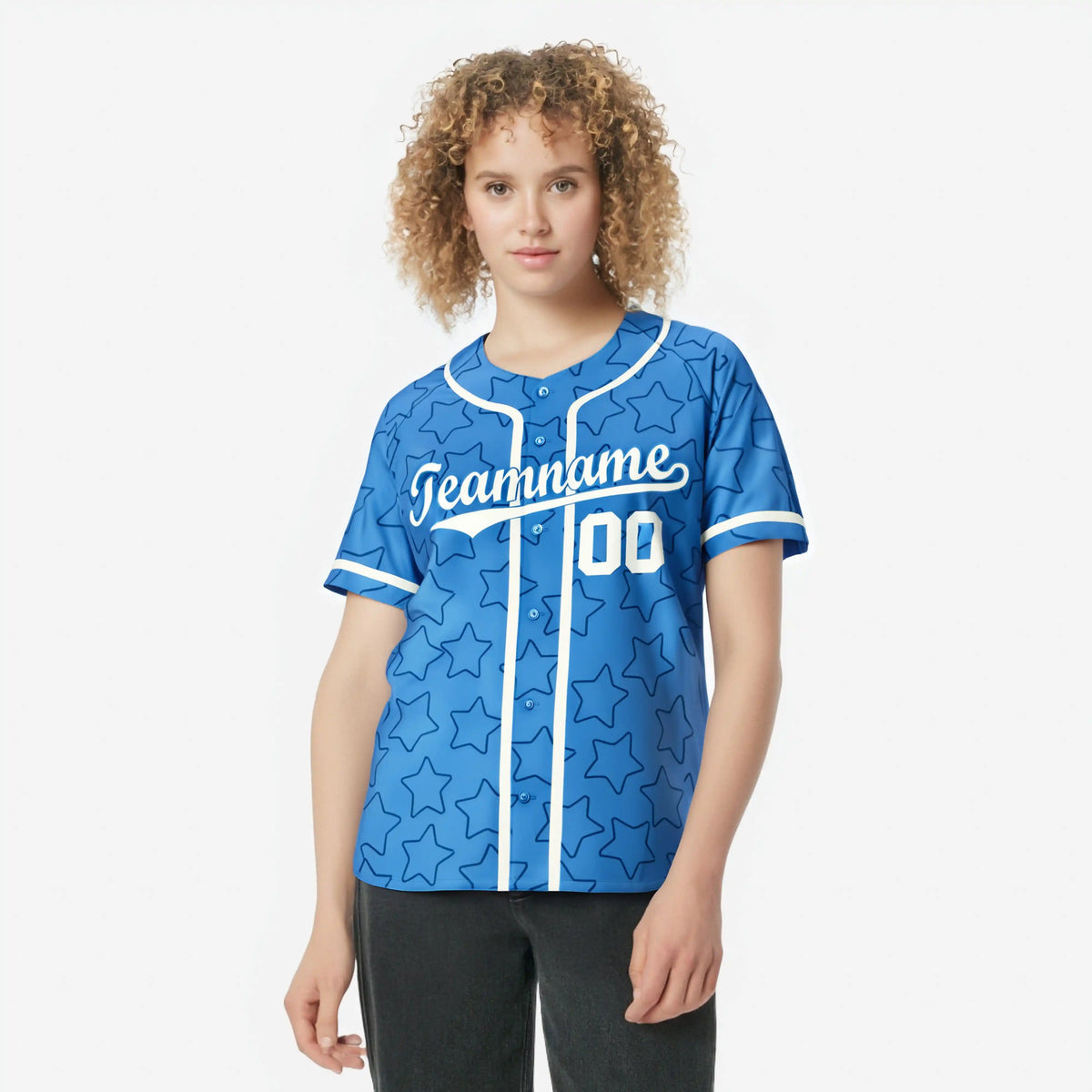 Custom Star Blue White Baseball Jersey Button Down Shirt Personalized for Adults/Youth