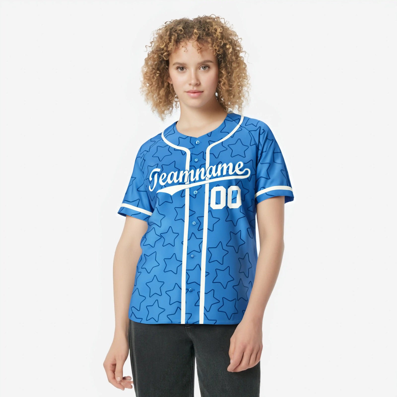 Custom Star Blue White Baseball Jersey Button Down Shirt Personalized for Adults/Youth