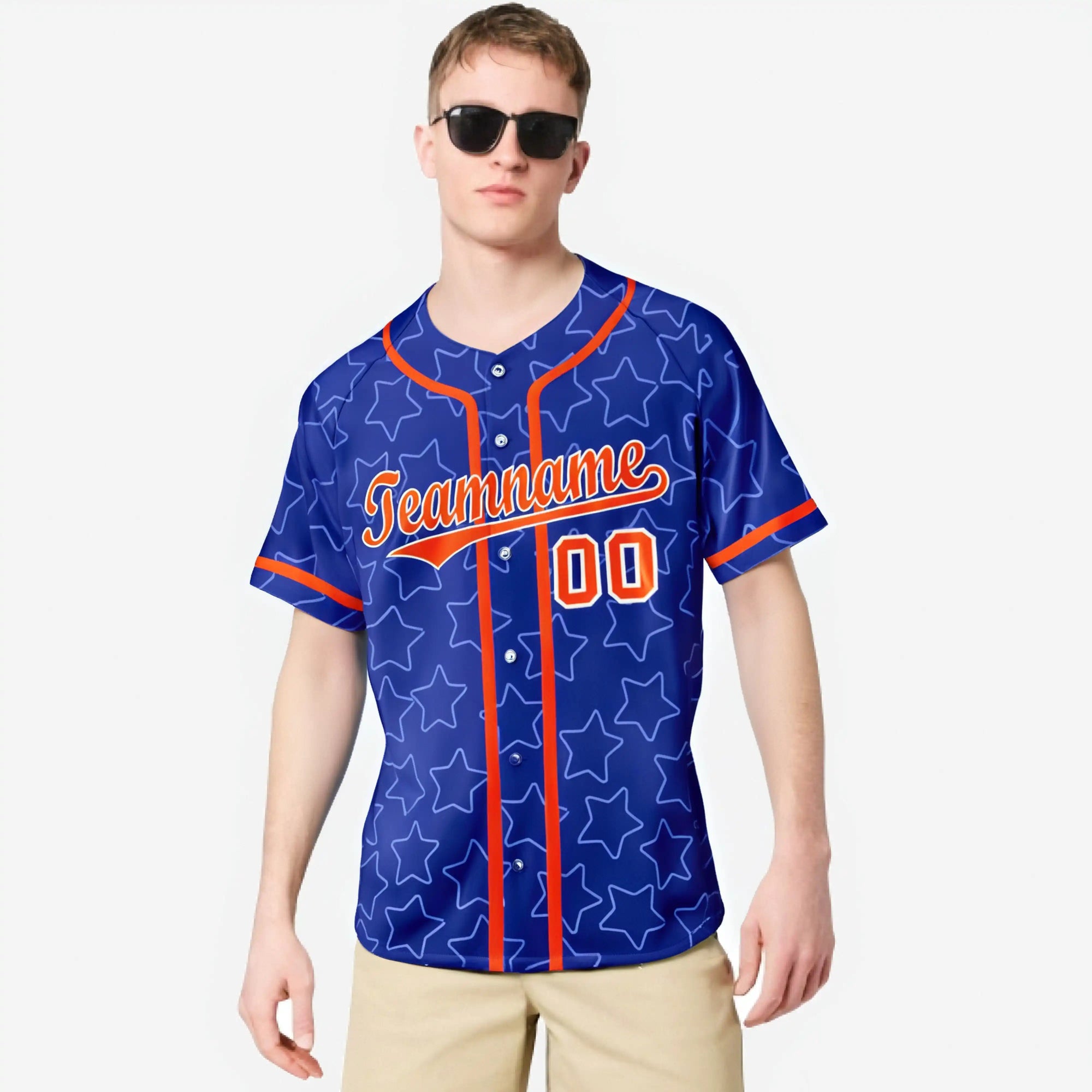 Custom Star Blue Orange Baseball Jersey Button Down Shirt Personalized for Adults/Youth